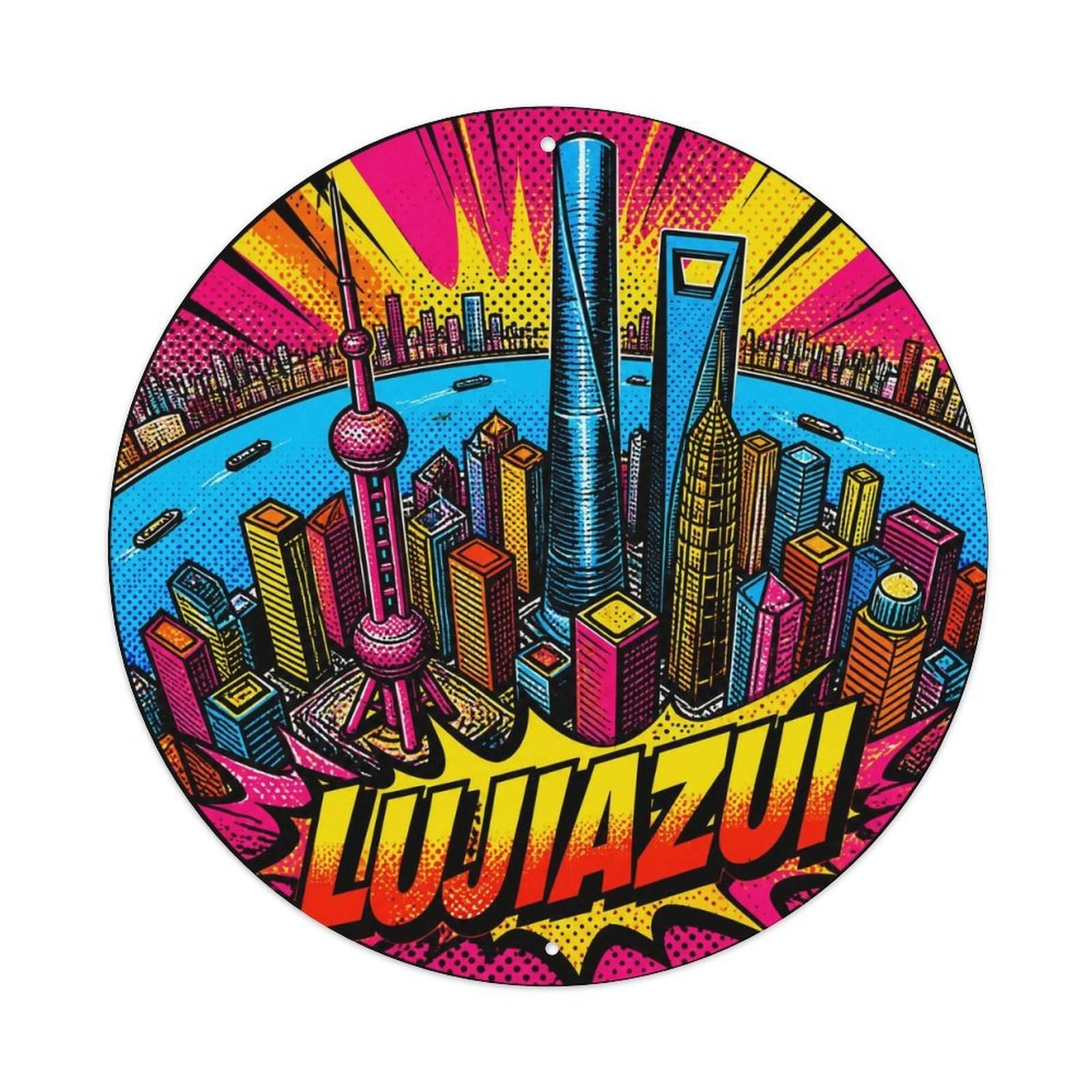 Okngb Style Lujiazui Skyline Shanghai Collage Travel Retro Lines Metal Tin Sign Plaque Wall Decor For Cafe, Man Cave, Club Bar, Office, Home Garden Round Metal Poster 8X8inch