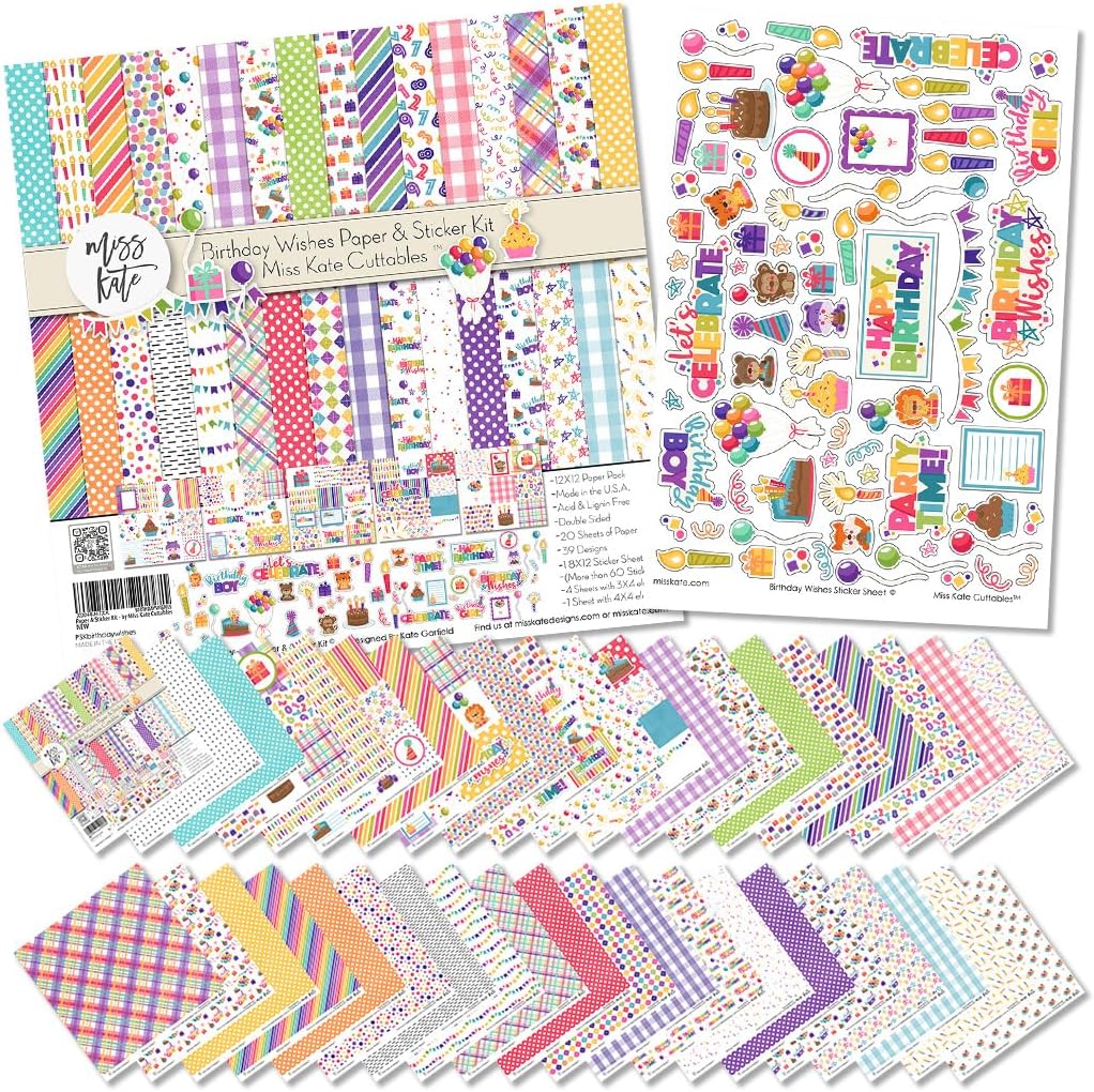Paper & Sticker Kit – Birthday Wishes – for Happy Kids Party Surprise Cake - Pattern 12x12 Scrapbook Paper 12x12 20 Sheet with 39 Designs & 1 8X12 Sticker Sheet - Scrapbooking -by Miss Kate Cuttables