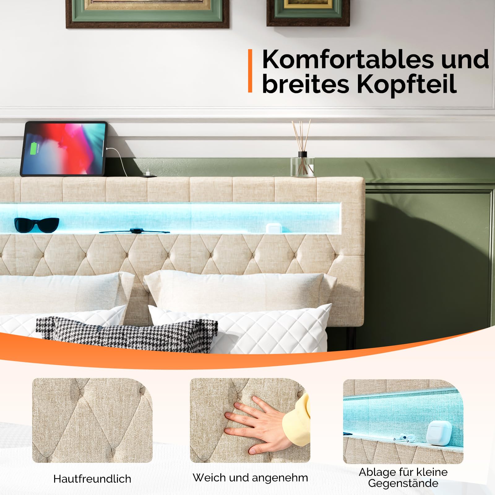 Bonnlo Struttura Letto Matrimoniale con LED e Ricarica, Letto Matrimoniale con Rete Doghe, Effetto Lino (senza materasso) (Beige, 160x200cm)