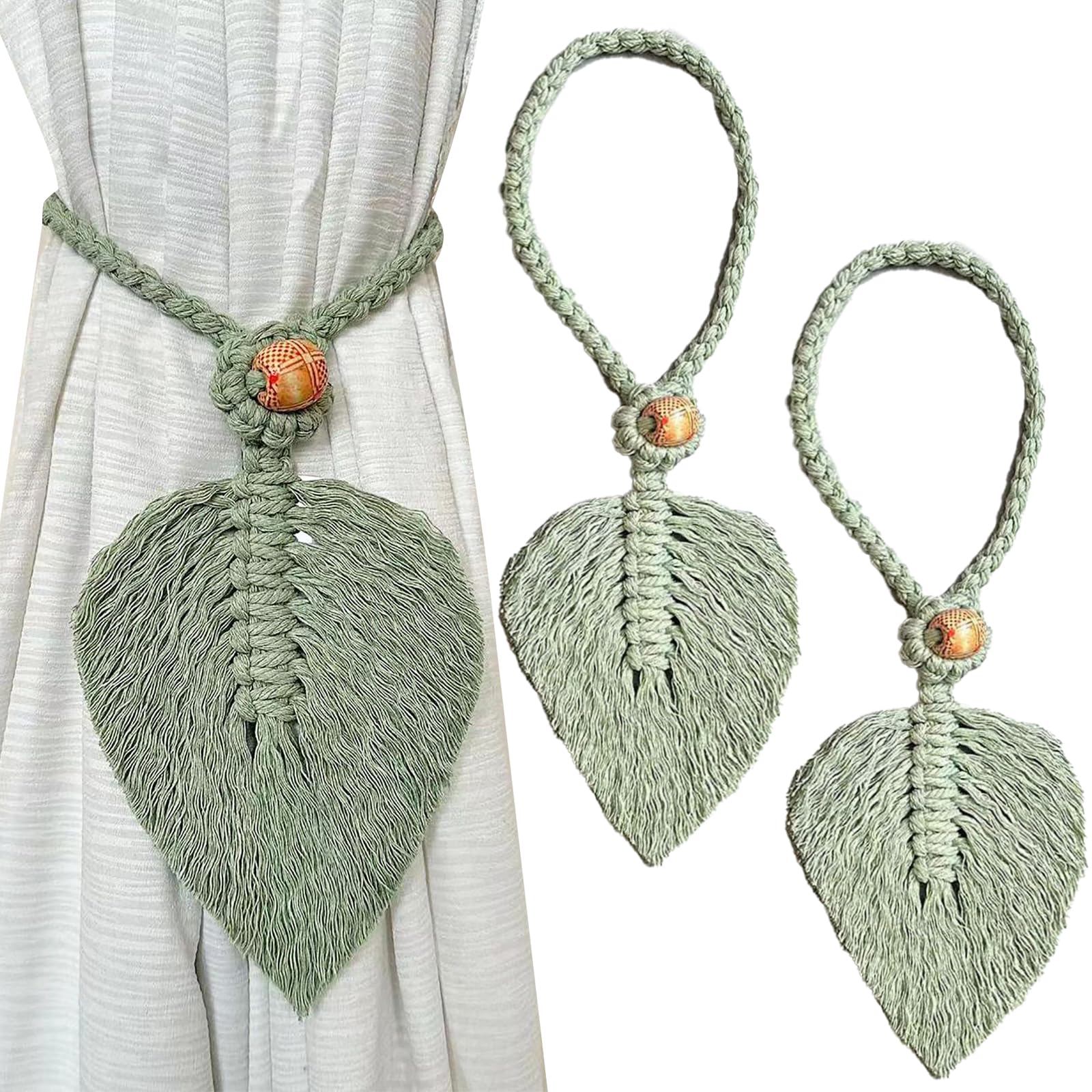 2-Pack Bohemian Cotton Leaf Curtain Tiebacks with Beaded Decoration – Handwoven Drapery Holdbacks for Home, Bedroom, and Office Decor (Green)