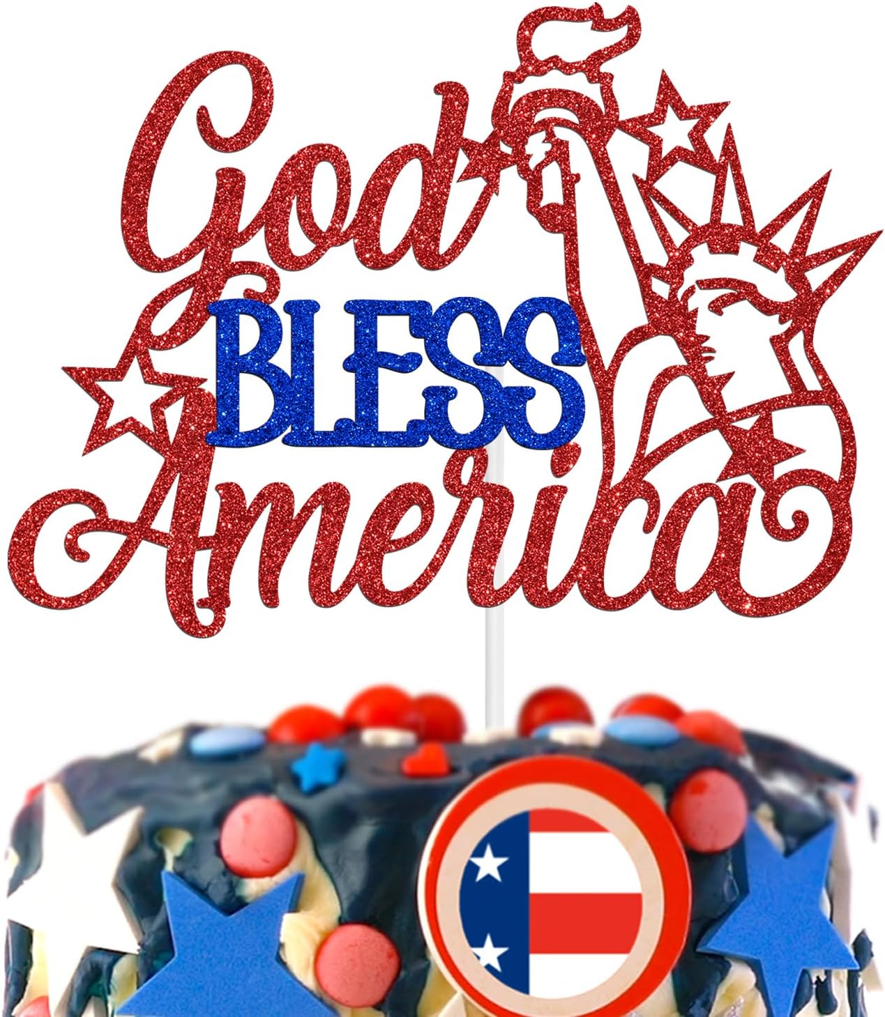 God Bless American Cake Topper, Red and Blue USA Patriotic Cake Decor, Happy Independence Day, 4th of July American National Day Party Decorations Supplies