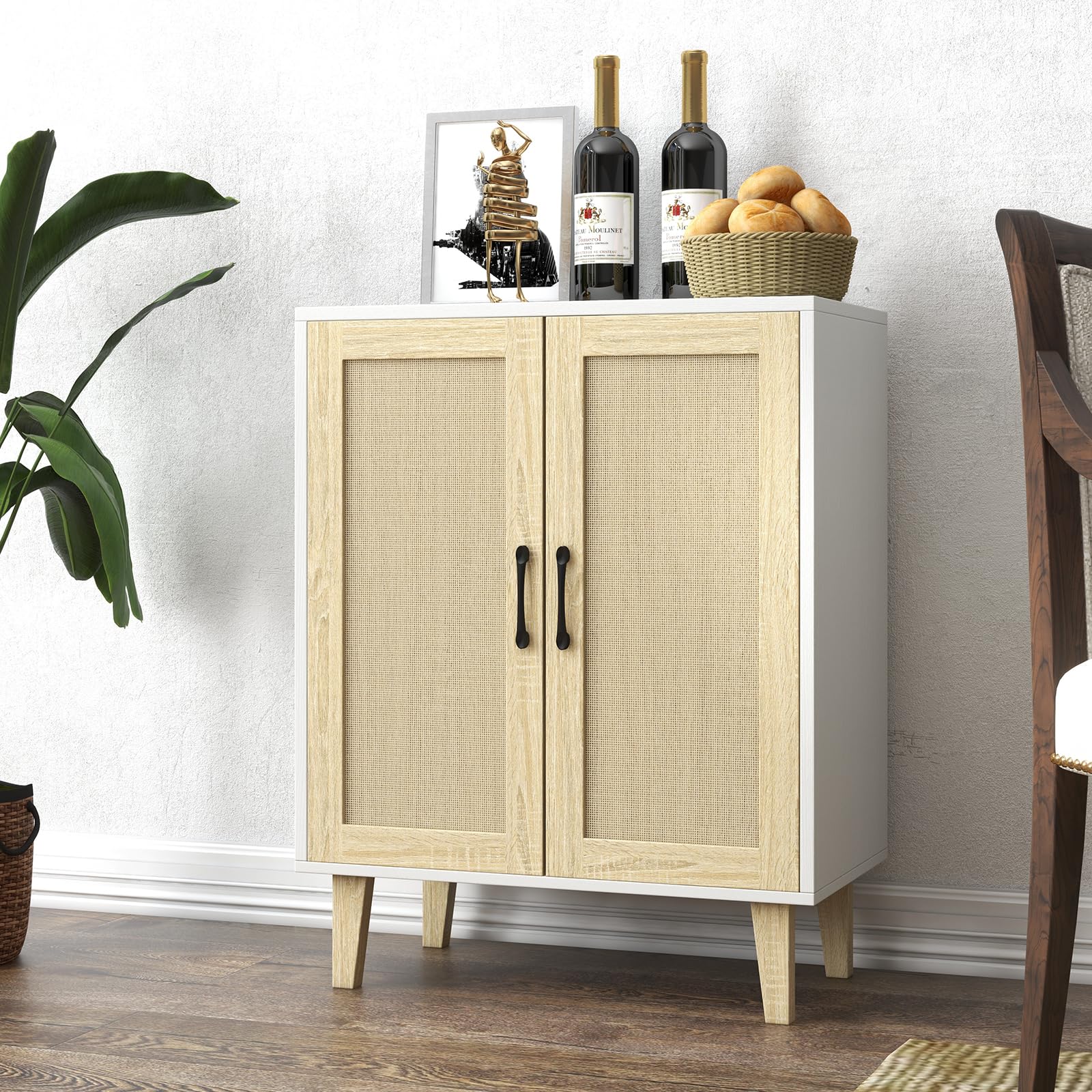 Panana Meuble de Rangement en Rotin et MDF, Buffets Haut Aspect sur Salon, Chambre, 69 x 38 x 88 cm (Blanc et Bois), MEFRSB57