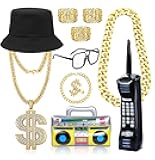 80s 90s Hip Hop Costume Kit Inflatable Mobile Phone Radio box Ring Glasses Hat Rapper Costumes Accessories Set