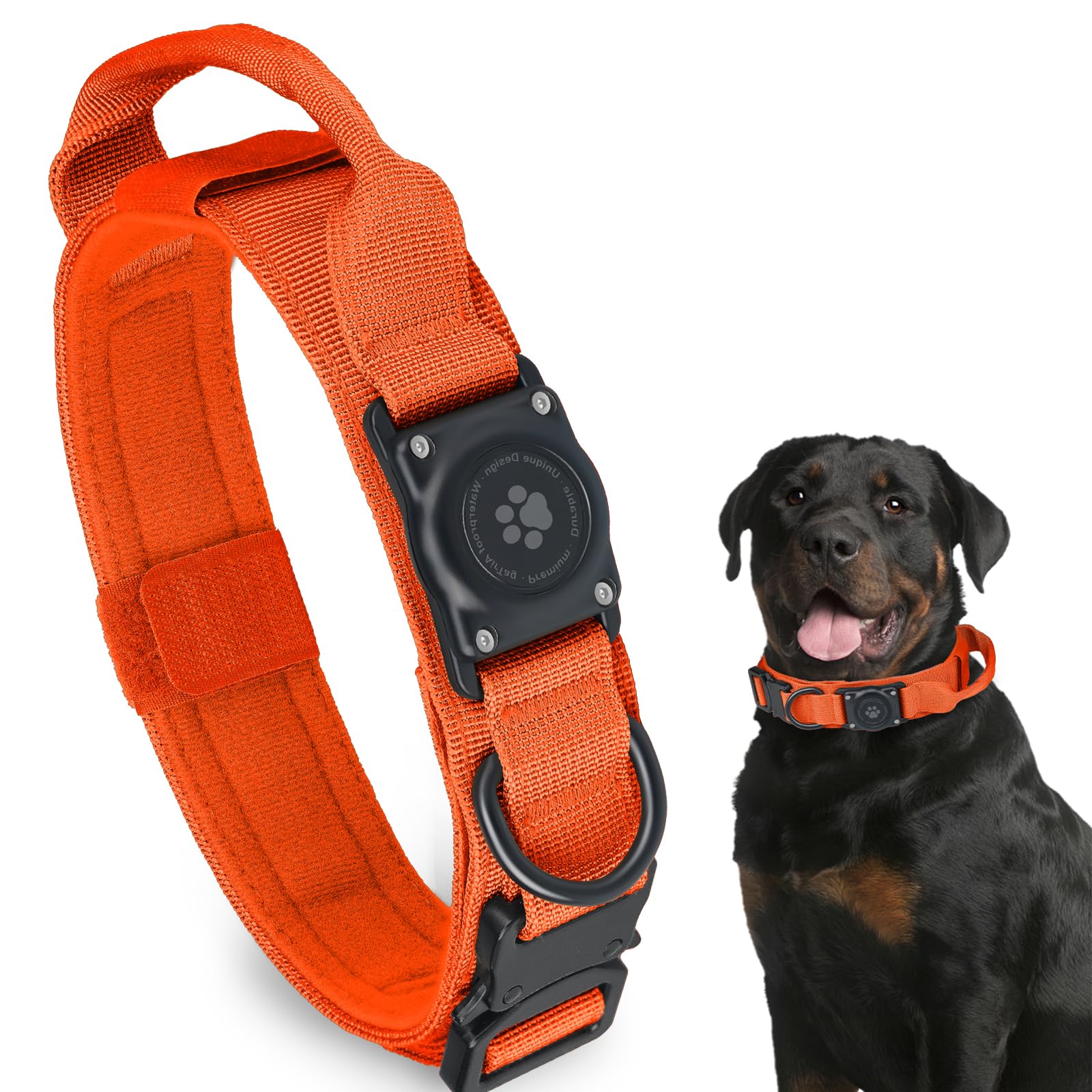 Tactical AirTag Dog Collar, 100% Waterproof Integrated Apple Air Tag Dog Collars with Hard PC AirTag Holder, Adjustable Military Collar with Handle,