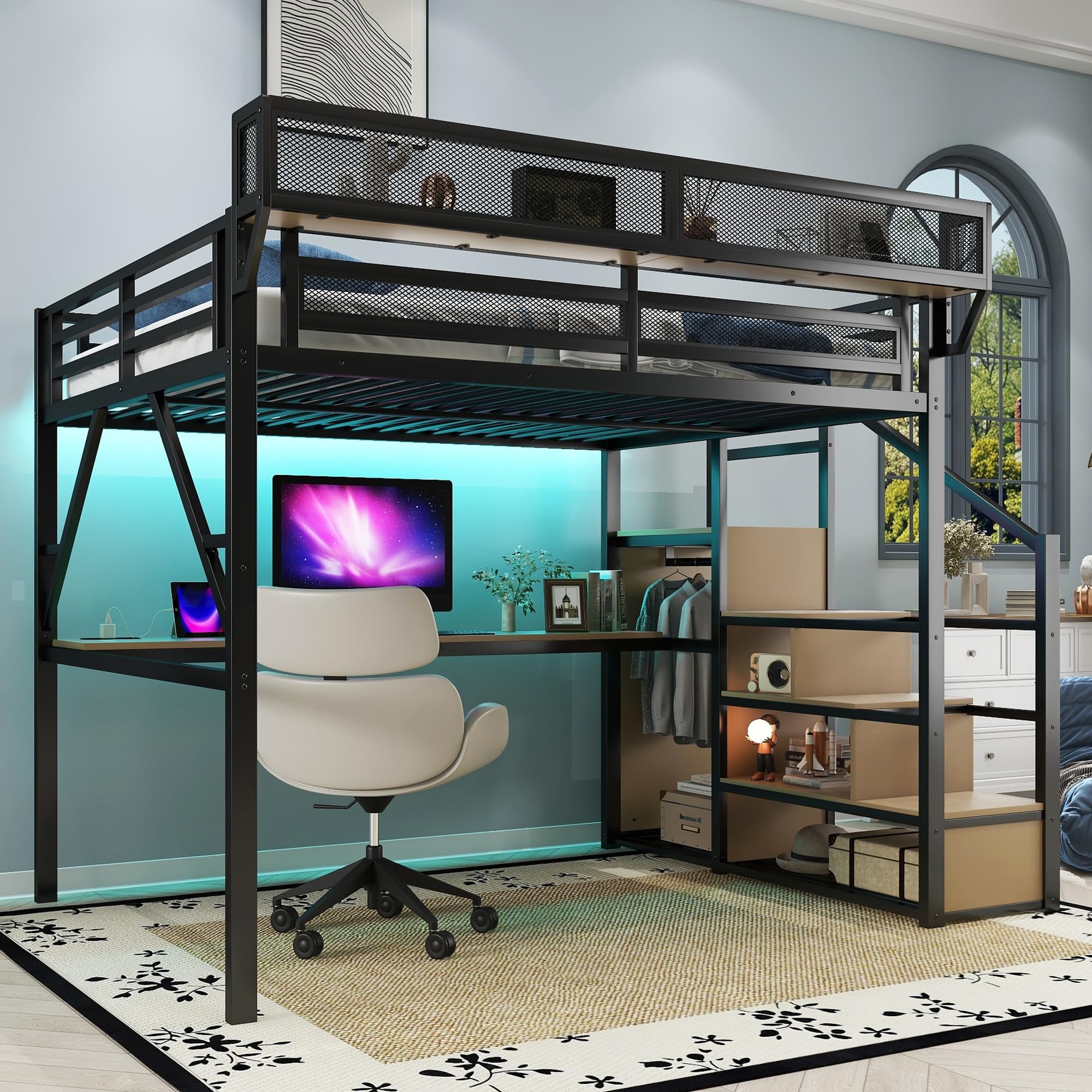 Mirightone Gaming Queen Loft Bed with Desk and Stairs, Metal Lofts Bed Queen Size with Upper Storage Shelf, High LoftBed with Light, USB Charging