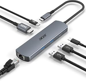 Acer 6 in 1 USB C Hub Ethernet Adapter, 4K@60Hz USBC to HDMI Adapter with 1000Mbps RJ45, 100W PD Charging, USB A/USB C Data Ports USB C Splitter for MacBook Neo(A18 Pro), Acer, iPad, iPhone 17