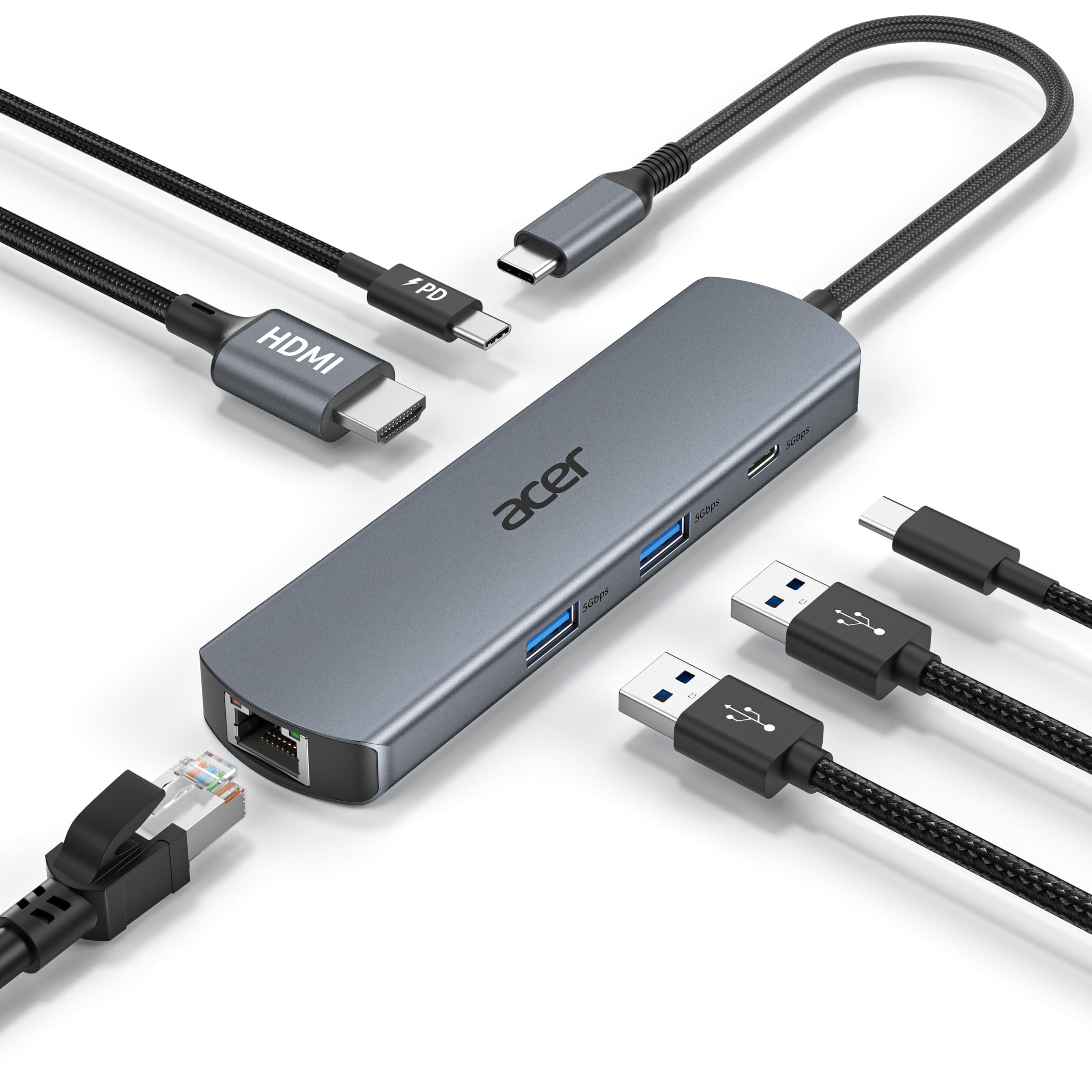 acer Hub USB C Ethernet de 1000Mbps, Adaptador HDMI 4K@60Hz, 1*USB-C 5 Gbps, 2*USB-A 3.0, PD 100W, Docking Station Multipuerto para iPhone 17/16, MacBook iPad Pro, Mac, Surface, Galaxy S25/26, etc.
