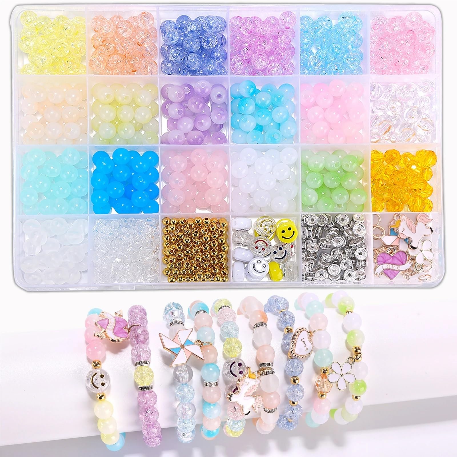 Bryske 2 Boxes 8mm Round Beads Bracelet Making Kit, Marble Turquoise Starfish for Women