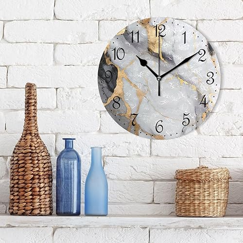 Miniatura 3 de ALAZA Reloj de pared con diseño de mármol dorado, blanco, negro, silencioso, sin tictac, decorativo, funciona con pilas, 10 pulgadas para el hogar,