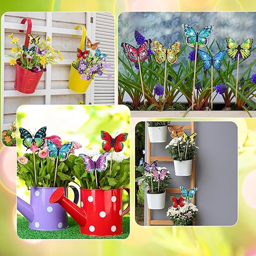 Miniatura 4 de Leinuosen Juego de 12 piezas de pintura de diamantes de mariposa para decoración de jardín, pintura de diamantes coloridos 5D, estacas de mariposa