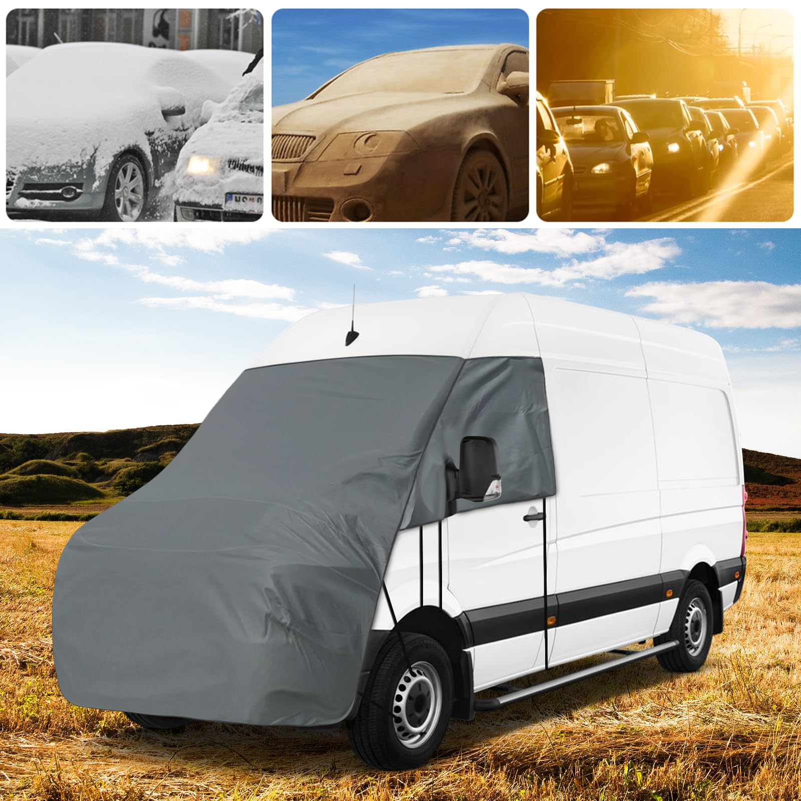 Abdeckung Frontscheibe Kompatibel für 2007-2017 VW Crafter, 420D Wasserdicht Wohnmobil Externe Frontscheibe Abdeckung mit 10 Bandage und Magneten