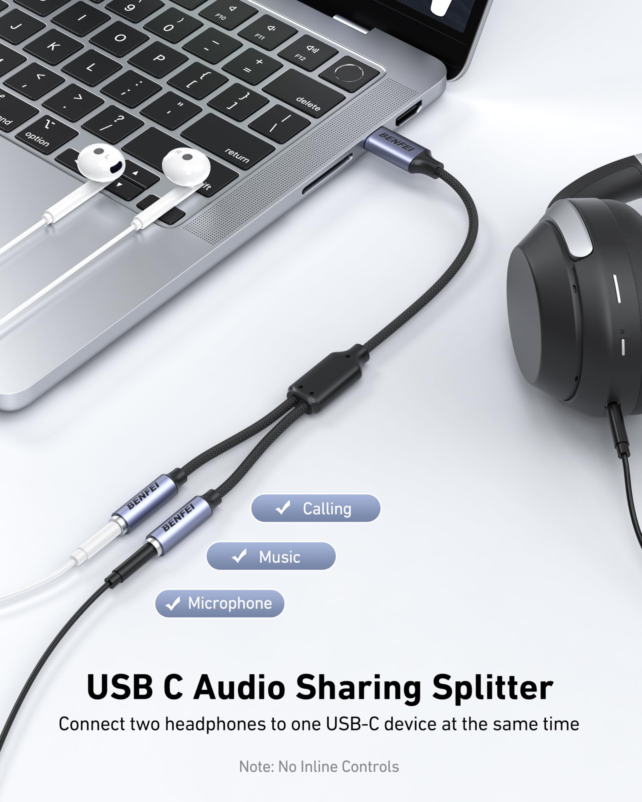 BENFEI Rozdzielacz USB C na Dual 3,5 mm, adapter do słuchawek dla 2 osób – dzielenie się muzyką i filmami, kompatybilny z iPhone 16/15 Pro Max/Pro/Plus, Samsung Galaxy S23/S22, iPad Pro, MacBook itd.
