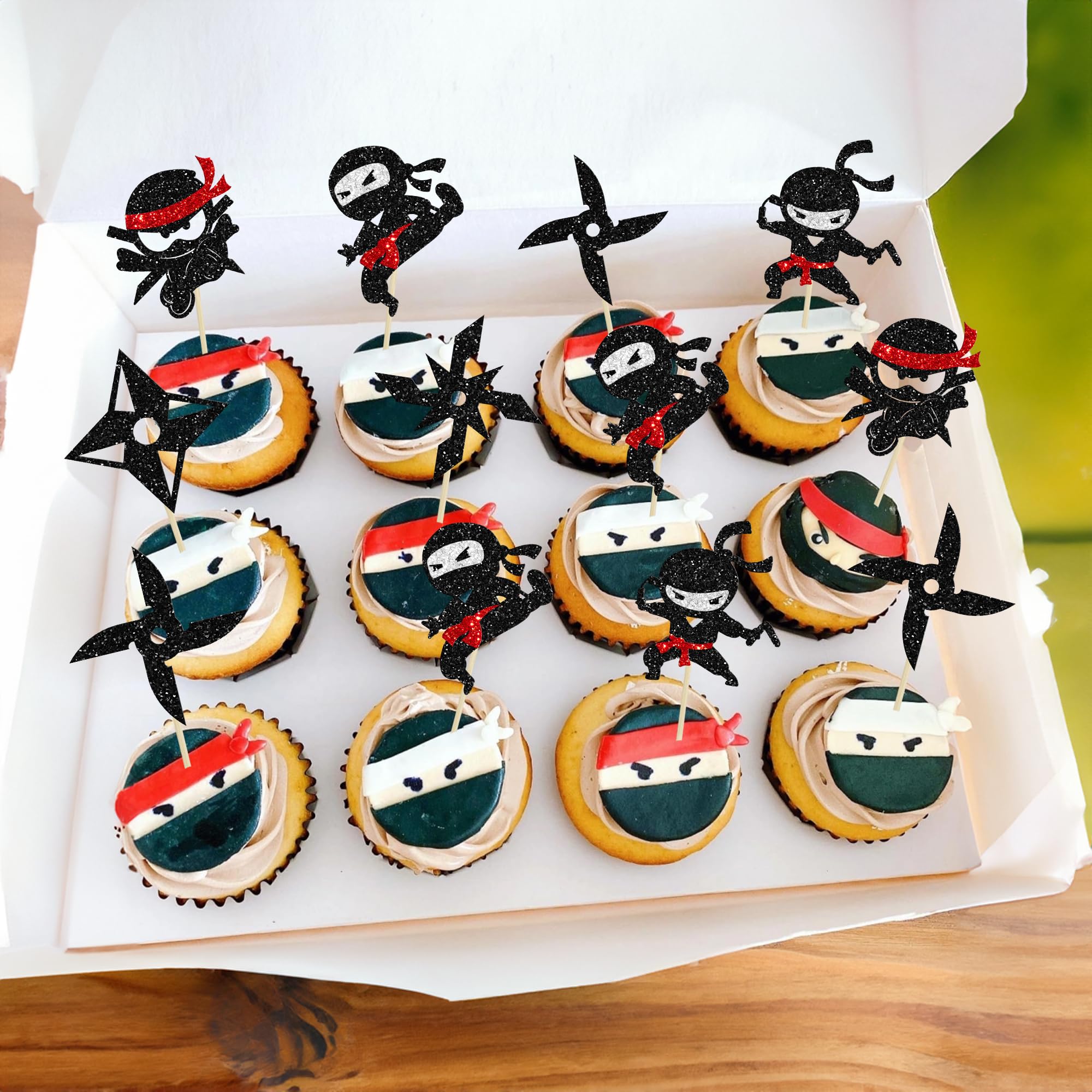24 Decorazioni Per Cupcake A Tema Ninja Glitterate - Per Feste Di Compleanno Bambini - 2