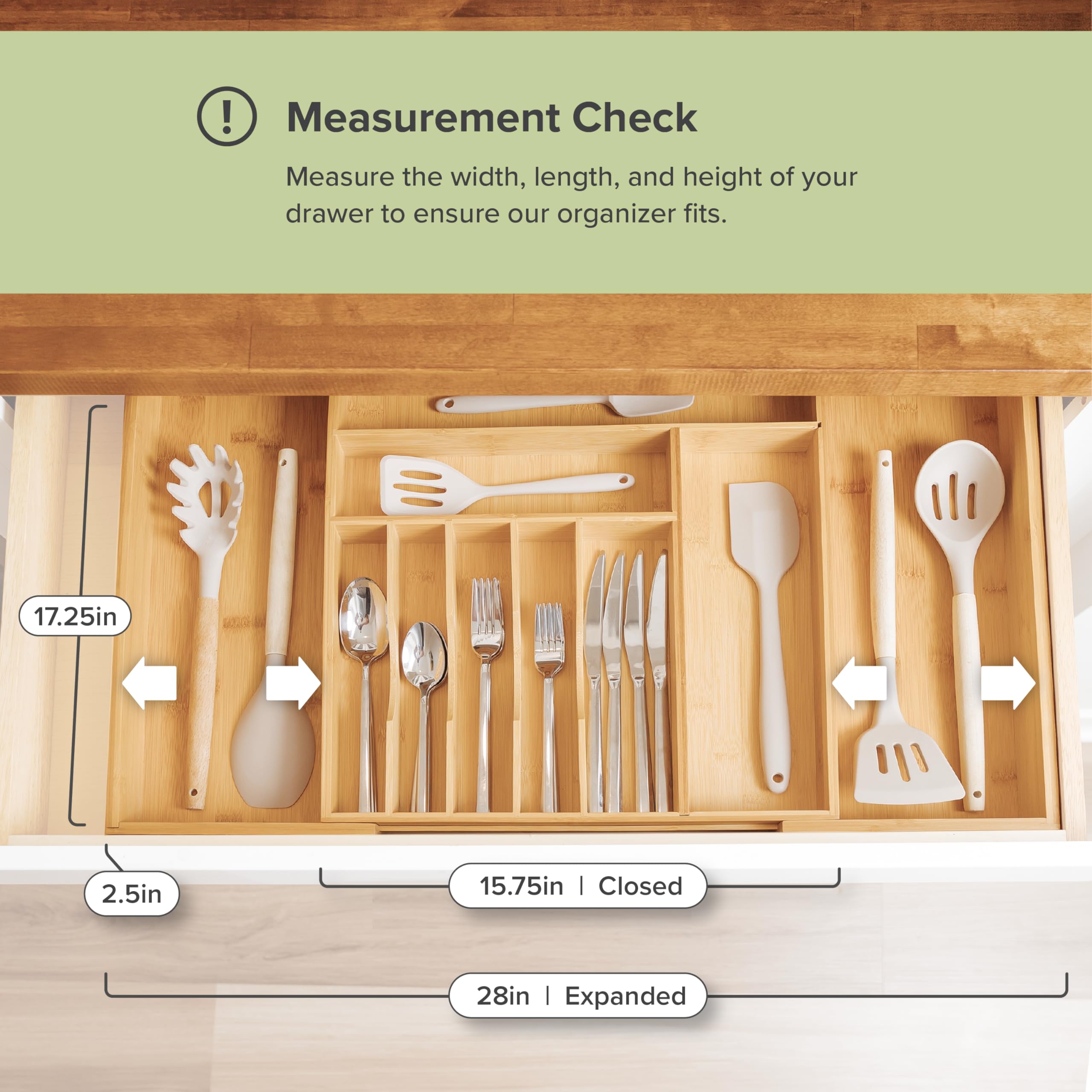 Grehge ustable Kitchen Drawer Organiser per utensili e spazzatura, espandibile fino a 28 pollici, 9 scomparti, 100% bambù