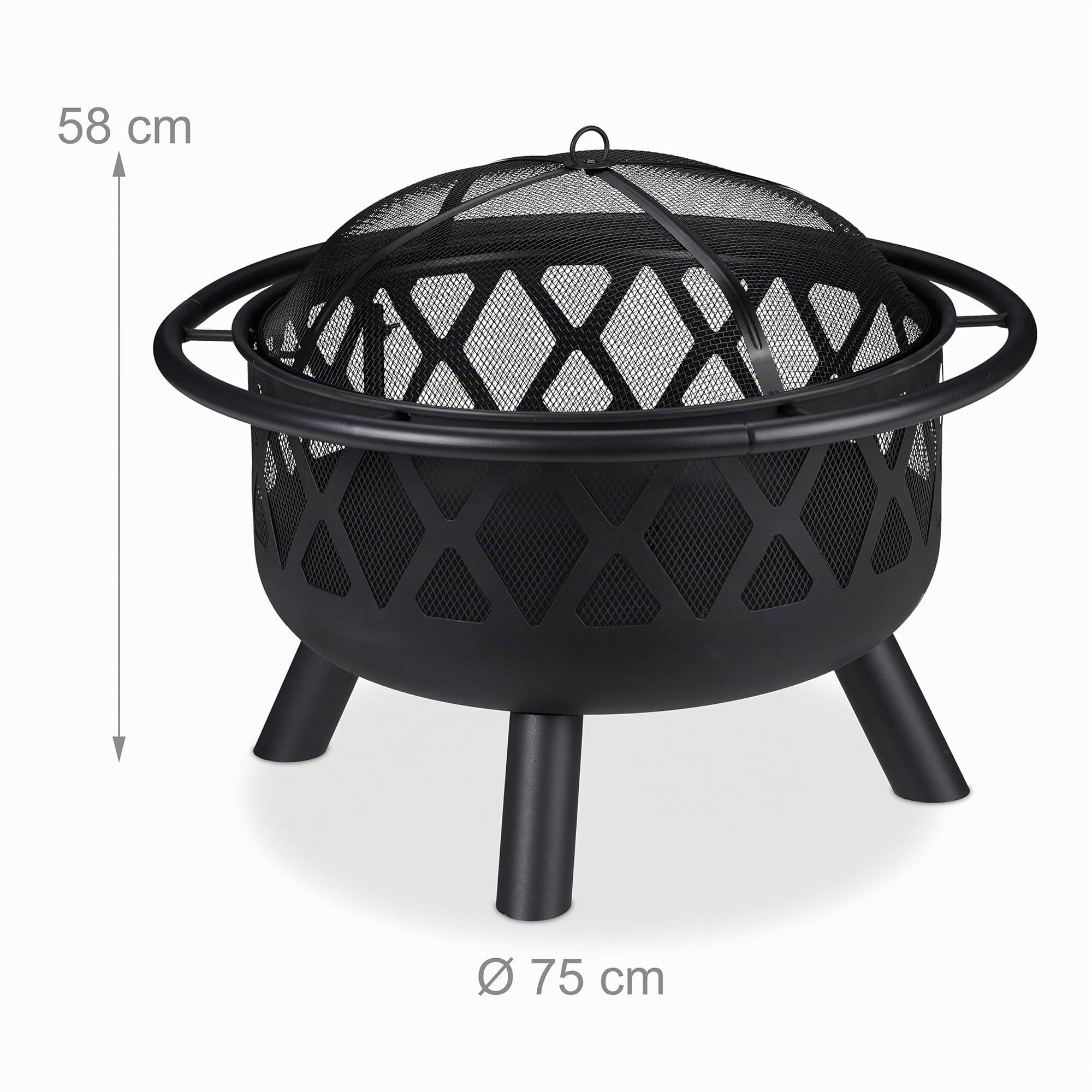 Relaxdays Brasero Exterior con Parrilla, Protector Antichispas y Atizador, Estufa Jardín y Terraza, 75 cm, Acero, Negro