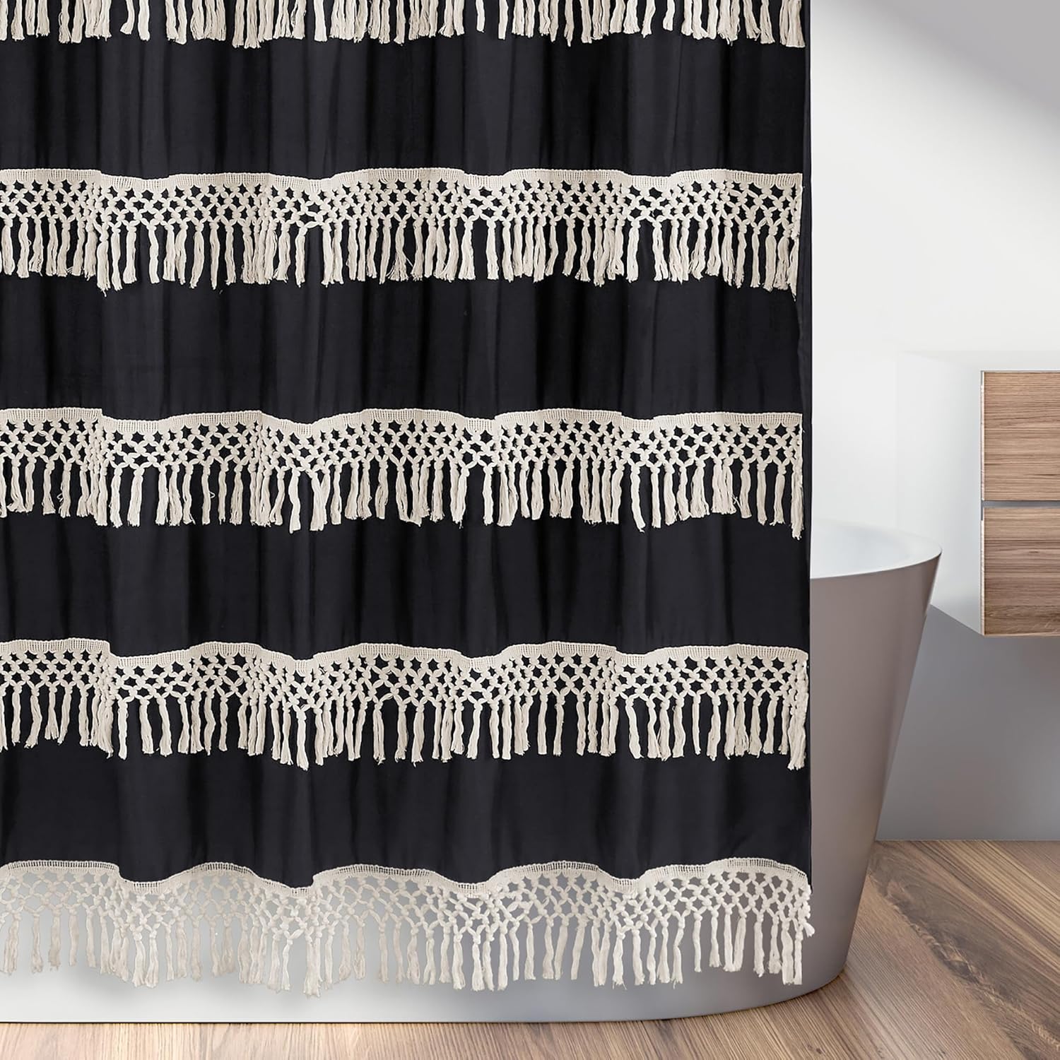 Minimalist Boho Chic Solid Black and Ivory Macrame Fringe Knotted Tassel Decorative Bathroom Fabric Bath Shower Curtain Textured Off White Cotton Fringe Farmhouse Indie Neutral Rustic 72x72 Room Décor