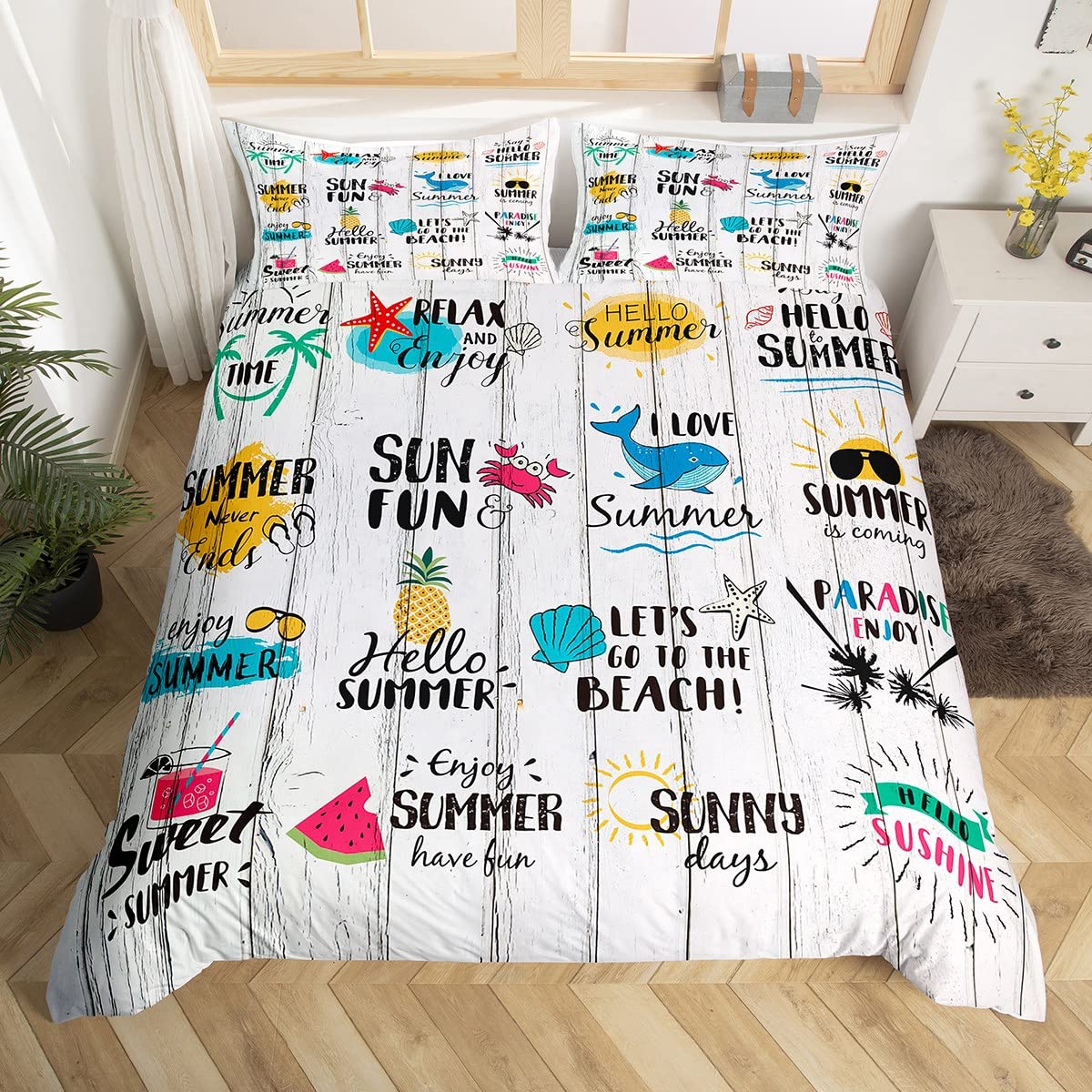 Summer Beach Kids Duvet Cover Set Super King Size,Coconut Trees Starfish Shell Bedding Set,Teens Adults Room Decor,Tropical Fruits Wood Plank Rustic Comforter Cover,Colorful Quilt Cover,2 Pillowcases โ image 1