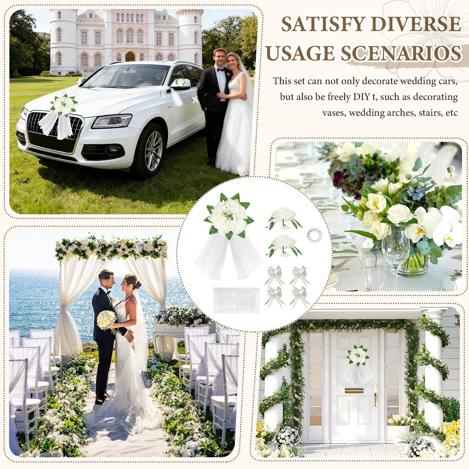 Decorazione Auto Matrimonio, Set con 1 Fiore per Paraurti Anteriore, 1 Nastro di Tulle (4,7m), 2 Fiori per Specchietti, 4 Nastri Decorativi, ecc. – Adatto alla Maggior Parte dei Modelli