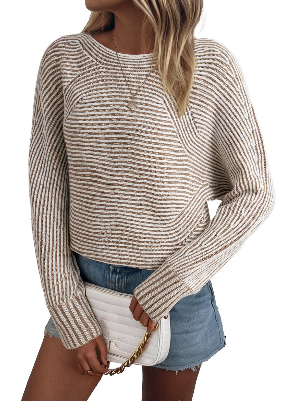EVALESS Striped Sweaters for Women Boat Neck Batwing Sleeve Oversized Pullover Sweater Tops Womens Fall Clothes Outfits