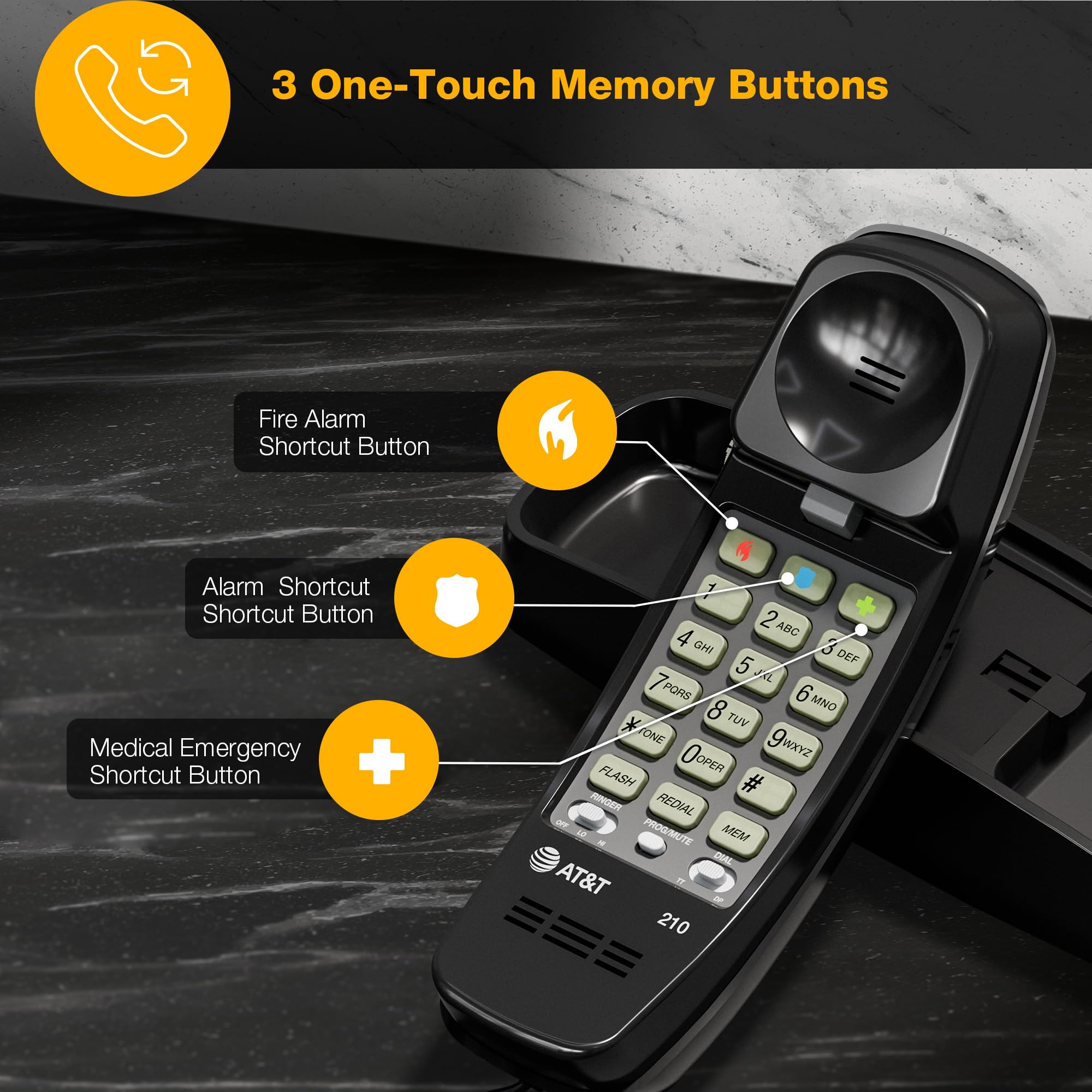 AT&T 210 Basic Trimline Corded Phone, No AC Power Required, Wall-Mountable, Black — Amazon image 5