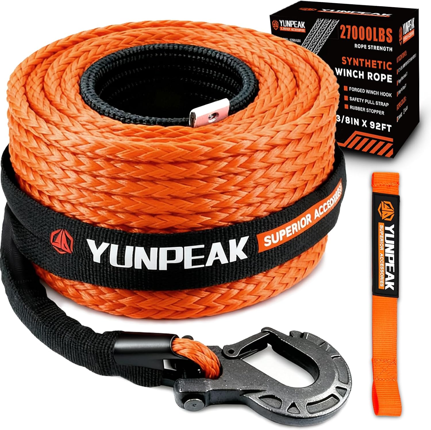 Synthetic Winch Rope Kit, 3/16" x50 ft 8500LBS Winch Cable Replace Kit, with Protective Sleeve, Heavy Duty Hook, Rubber Stopper, Safety Pull Strap for Off-Road 4x4 Vehicles ATV UTV(Orange)