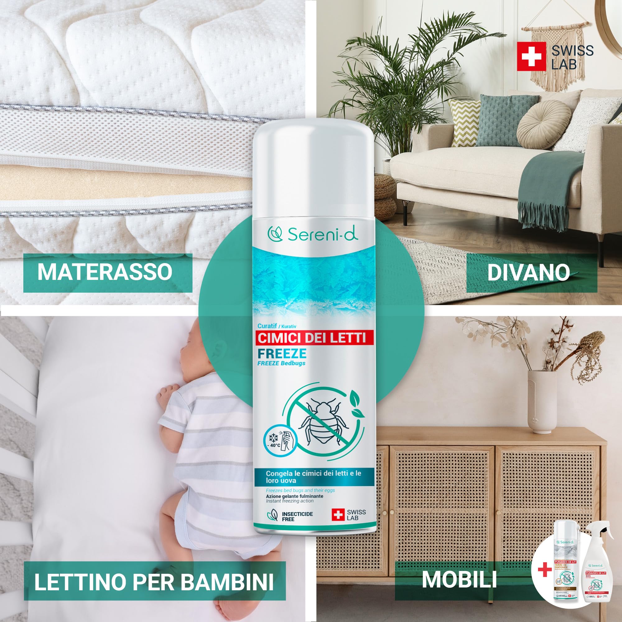 FREEZE CIMICI DA LETTO – TRATTAMENTO NATURALE FULMINANTE – L'azione FREEZE uccide le cimici da letto (uova, larve e adulti) con il freddo – Azione IMMEDIATA ed EFFICACE – Swiss Lab