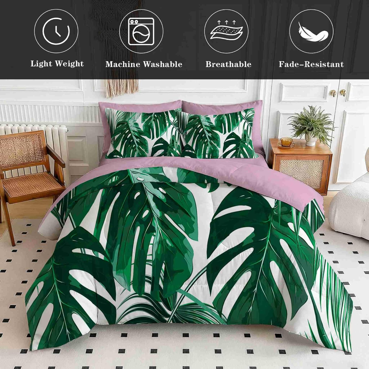 7 Pcs Queen Size Comforter Set with Pillowcases & Shams, Green Tropical Monstera Leaf Bedding, Botanical Bed in a Bag with Flat and Fitted Sheets for Kids and Adults