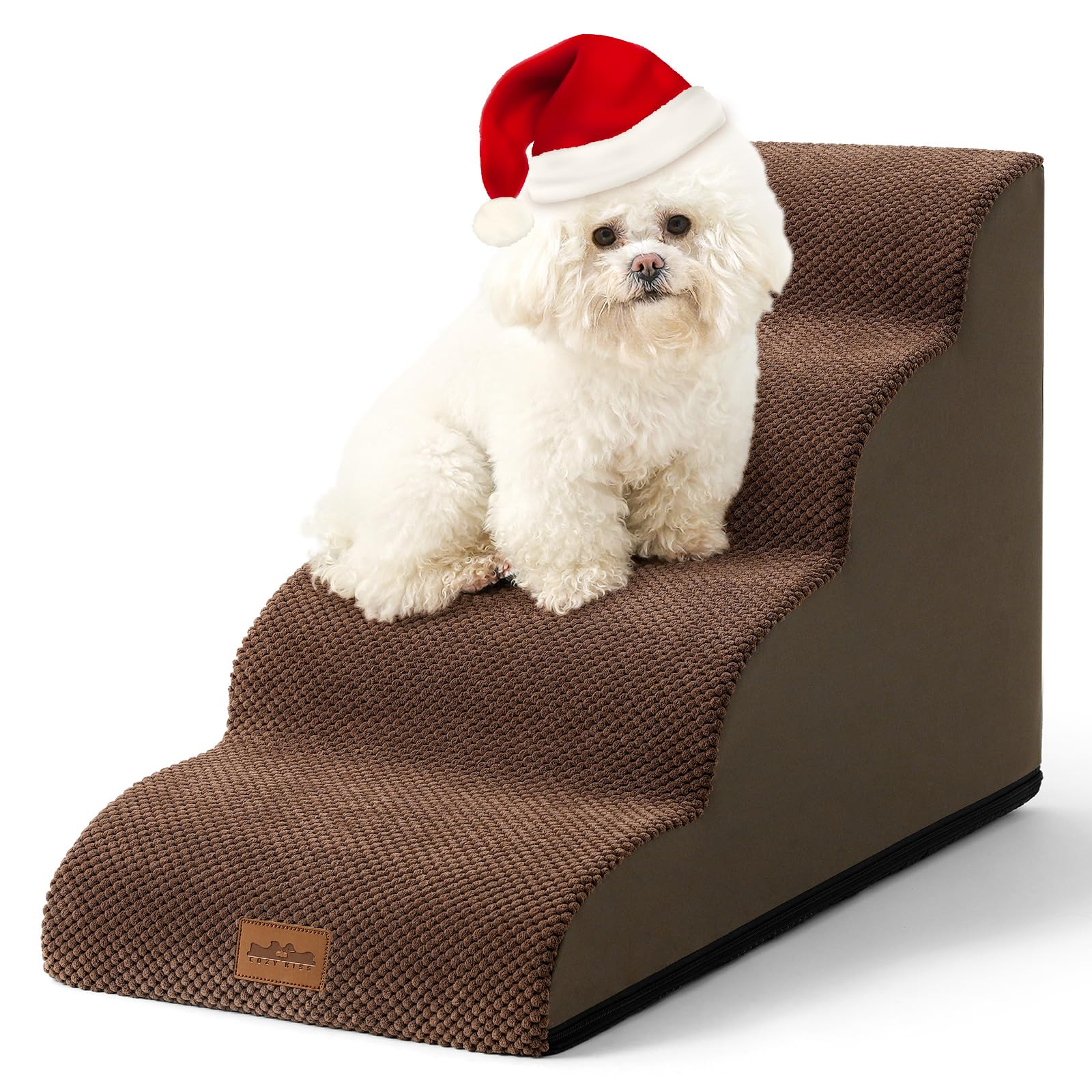 Dog Stairs for Small Dogs 19.7" H, Curved Dog Step for Puppy, Cat, Medium Dog, Pet Ramp for Sofa, Couch or Bed, Ladder with High Density Foam, 15.7x28.3x19.7 inch, 4 Step, Brown