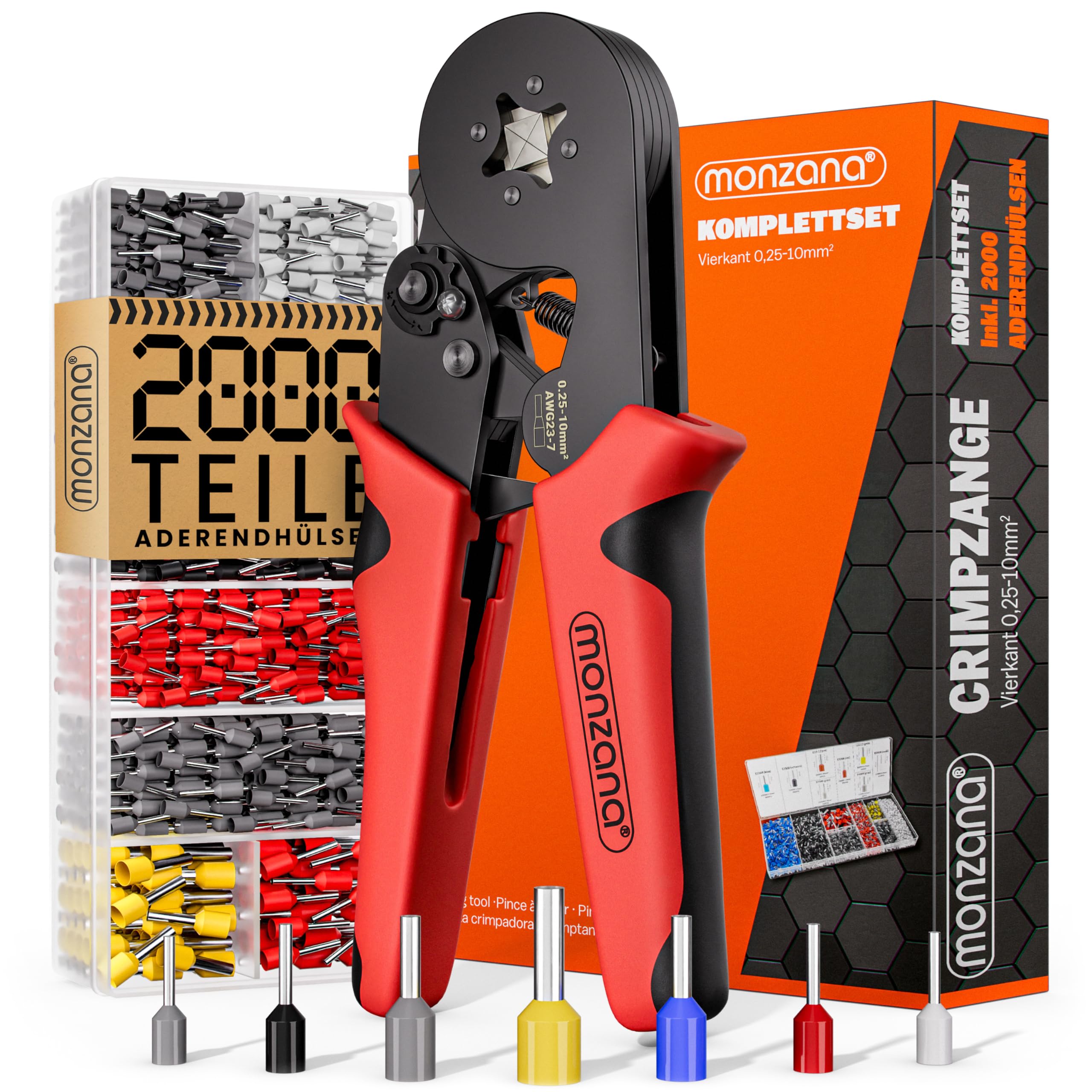 MONZANA® Crimpzange 0,25-10mm² 2000 Aderendhülsen Set elektrische Steckverbinder Aufbewahrungstasche Elektriker Werkzeug Zange Presszange Kabelschuhe