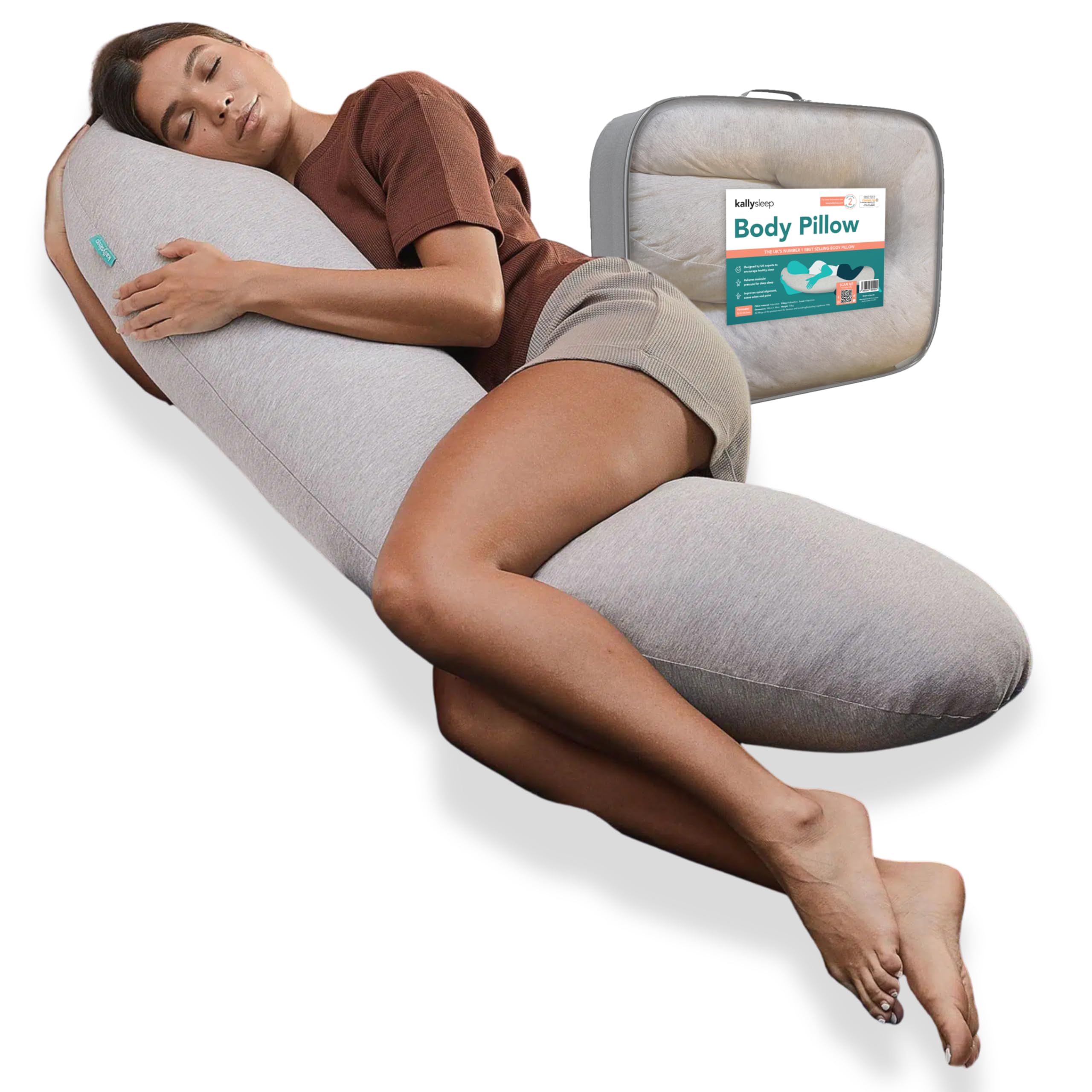 Kallysleep Full Body Sleep Pillow - Best Orthopaedic Pillow for Pregnancy, Neck & Back Pain, Recovery Support - 145 x 35cm, Grey - Includes Replaceable & Washable Cover