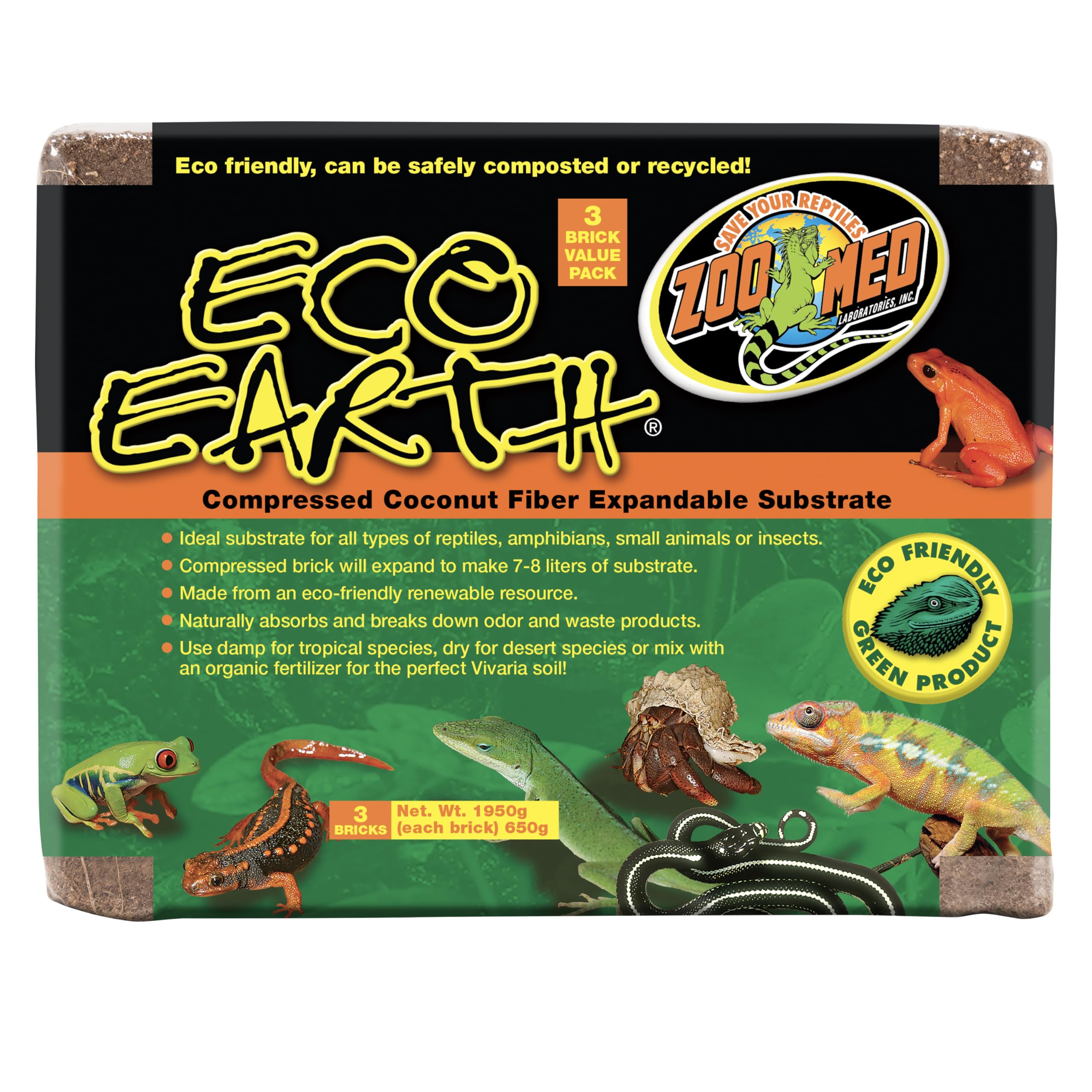 Zoo Med Eco Earth – Natürliches Kokosfaser-Substrat für Terrarien und Reptilien – für Amphibien, Reptilien und Insekten – kompostierbar und recycelbar (6er Pack)