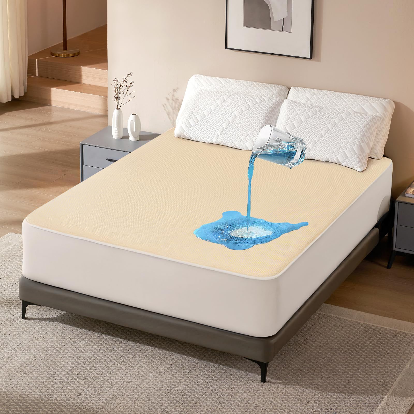 MEREZA Waterproof Mattress Protector King Size with 40cm Extra Deep Fitted Skirt Bed Cover, Ultra Cooling Bamboo Mattress Cover Anti Allergy & Breathable & Noiseless (Yellow, King,150x200cm)