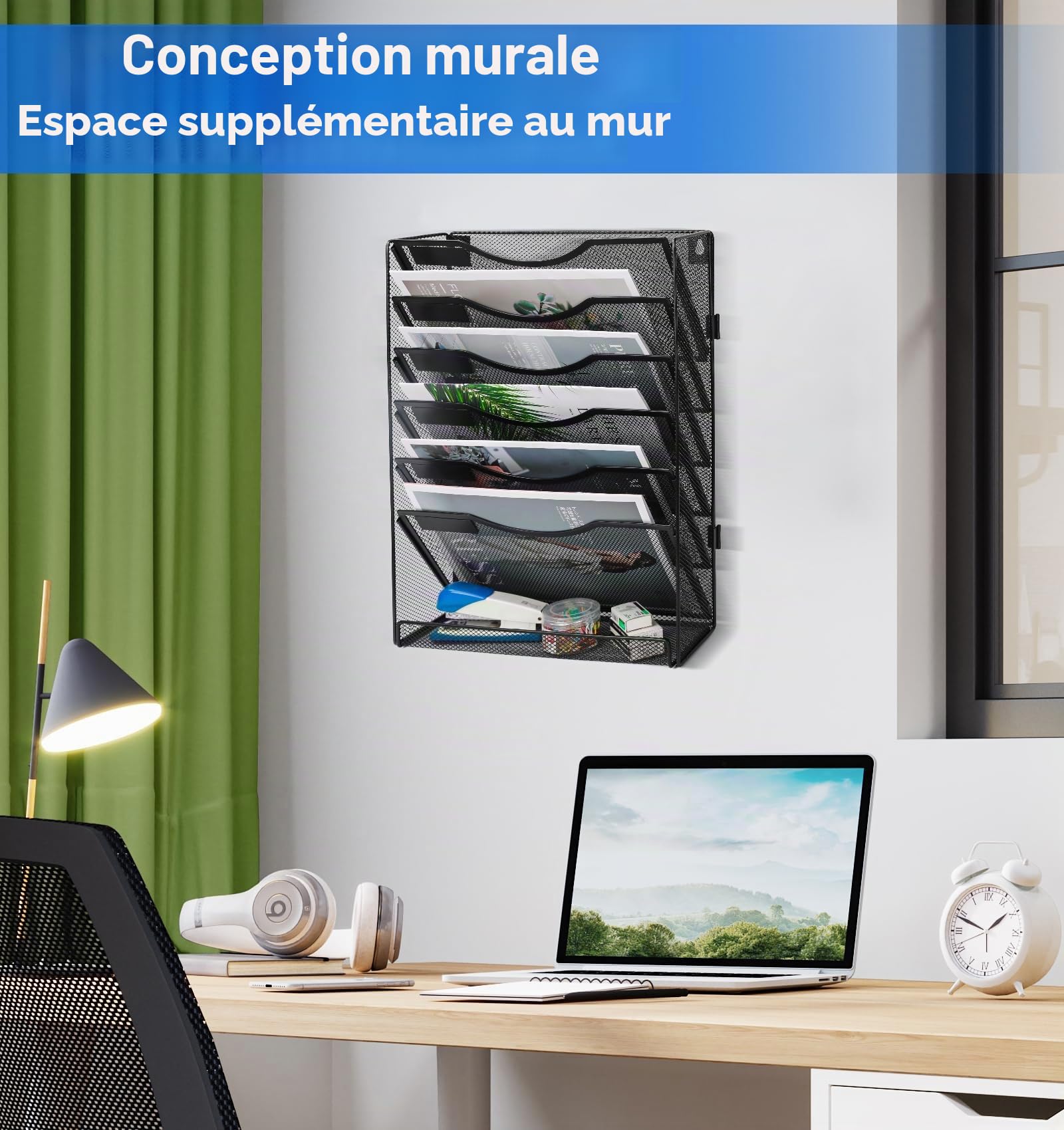 Porte Revue Mural Métal 7 Compartiments Organisateur Bureau Rangement Papier A4 Noir