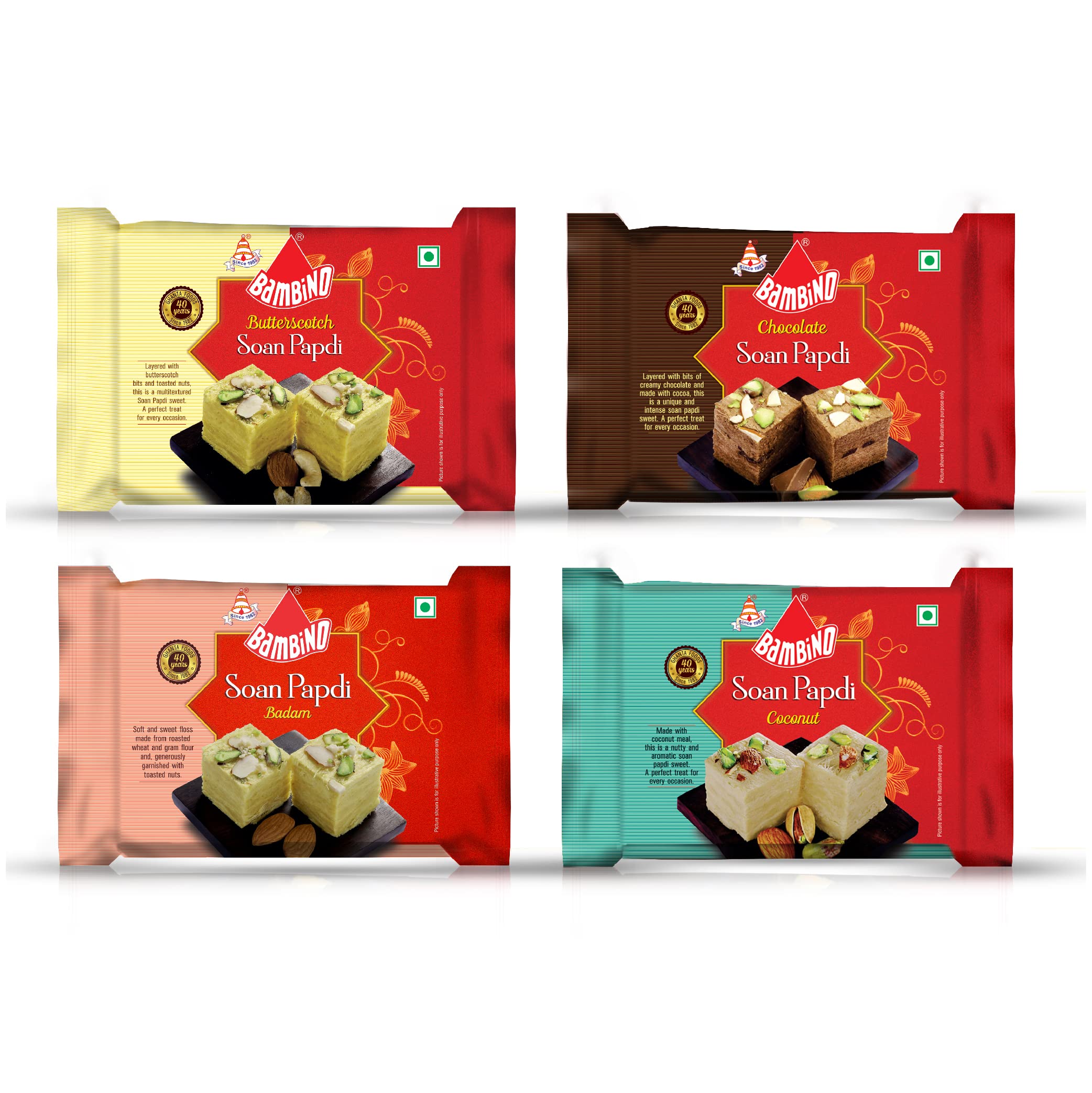 Bambino Sweets Combo Soan Papdi Each 200g x 4 (Badam, Butterscotch, Chocolate, Coconut)