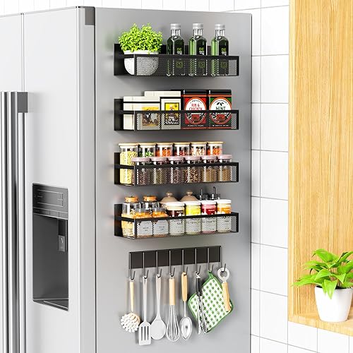 Miniatura 9 de Giwil Estante magnético para especias para refrigerador, paquete de 3 estantes magnéticos para refrigerador, organizador de especias con estante de