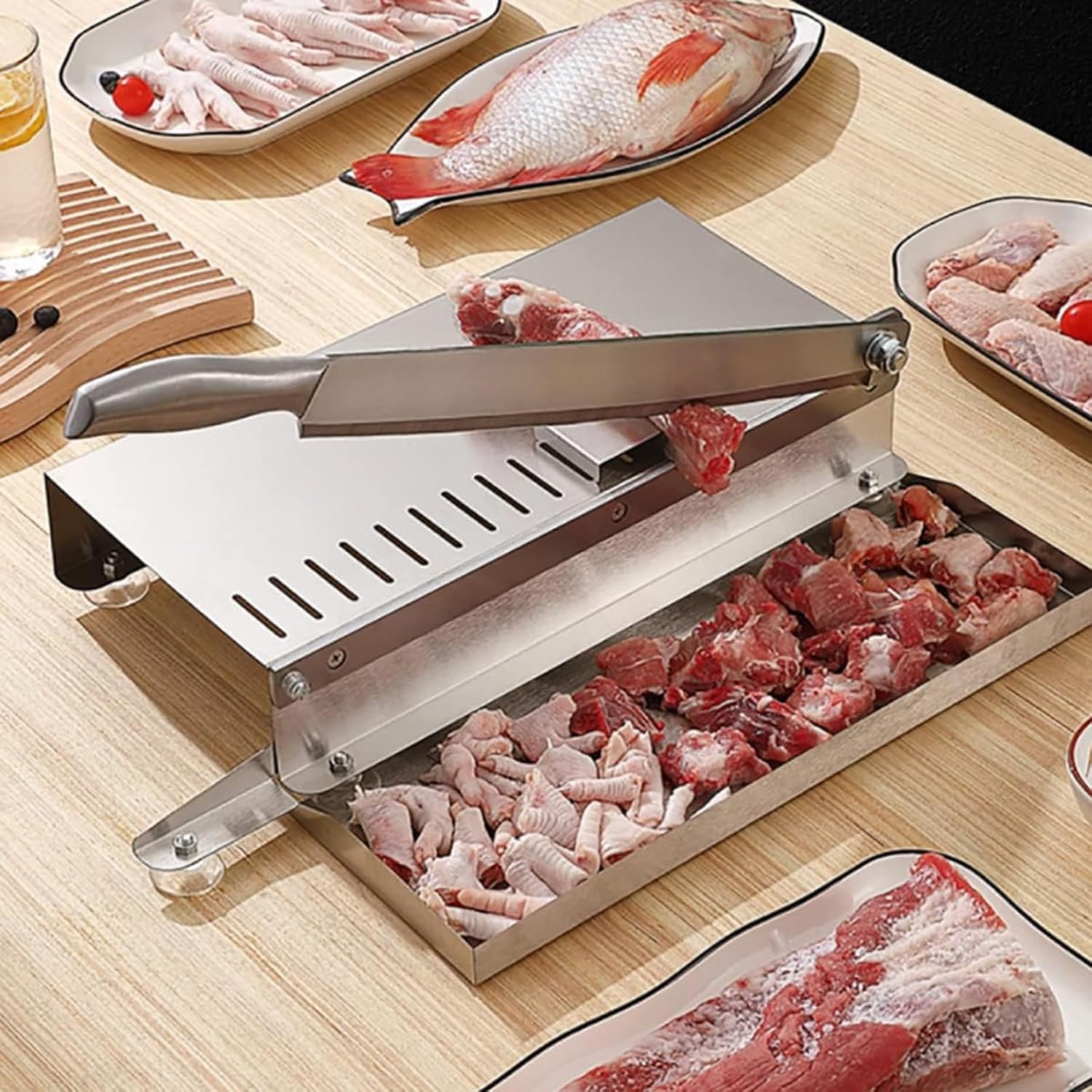 Manual Bone Meat Cutter, Stainless Steel Ribs Meat Chopper, for Fish Chicken Beef Frozen Meat Vegetables Deli Food Slicer Slicing Machine, Home Cooking and Commercial Cooking-image-43