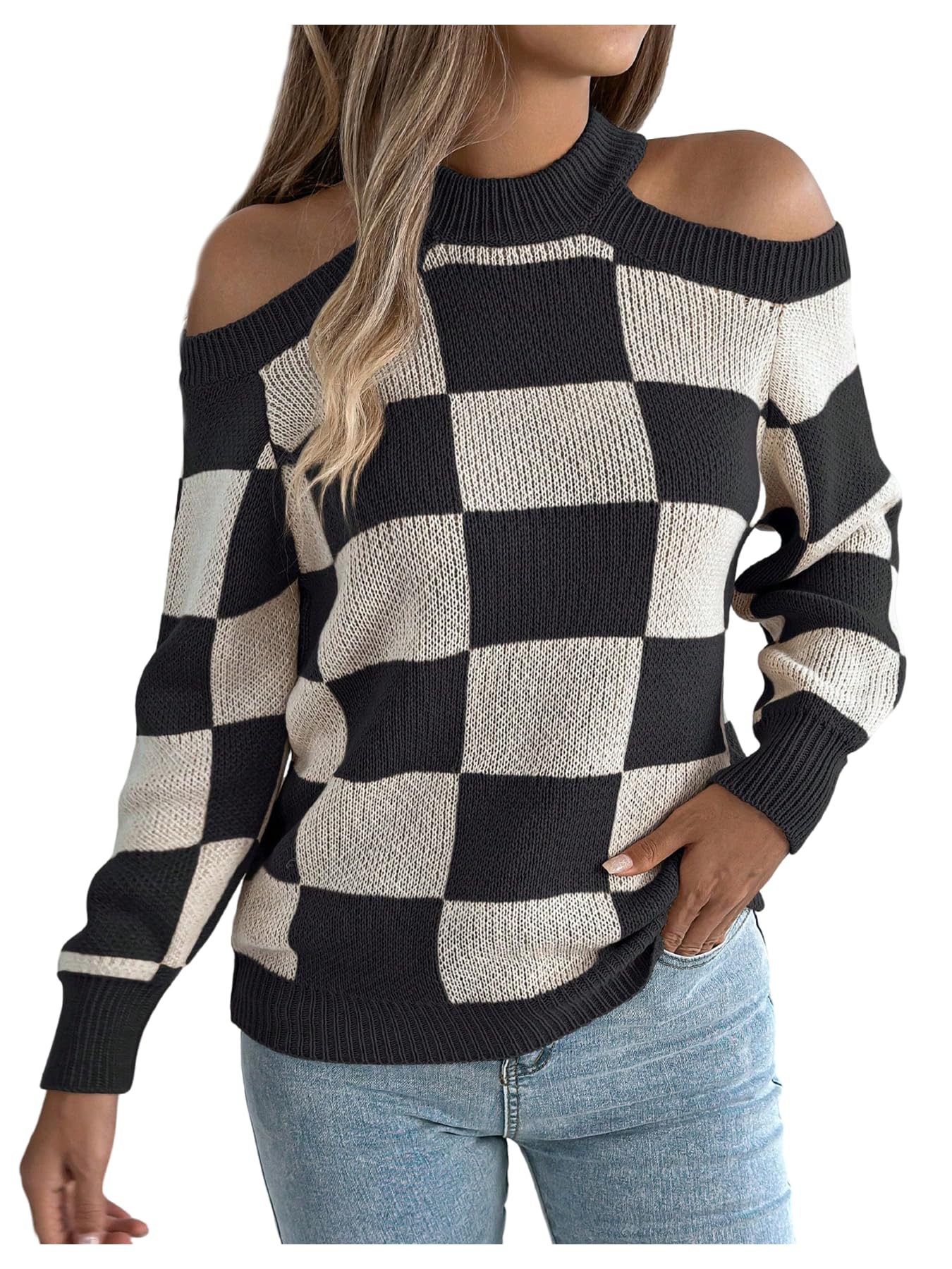 Verdusa Womens Checkered Plaid Cold Shoulder Pullover Sweaters Cozy Knit Tops Fall Clothes