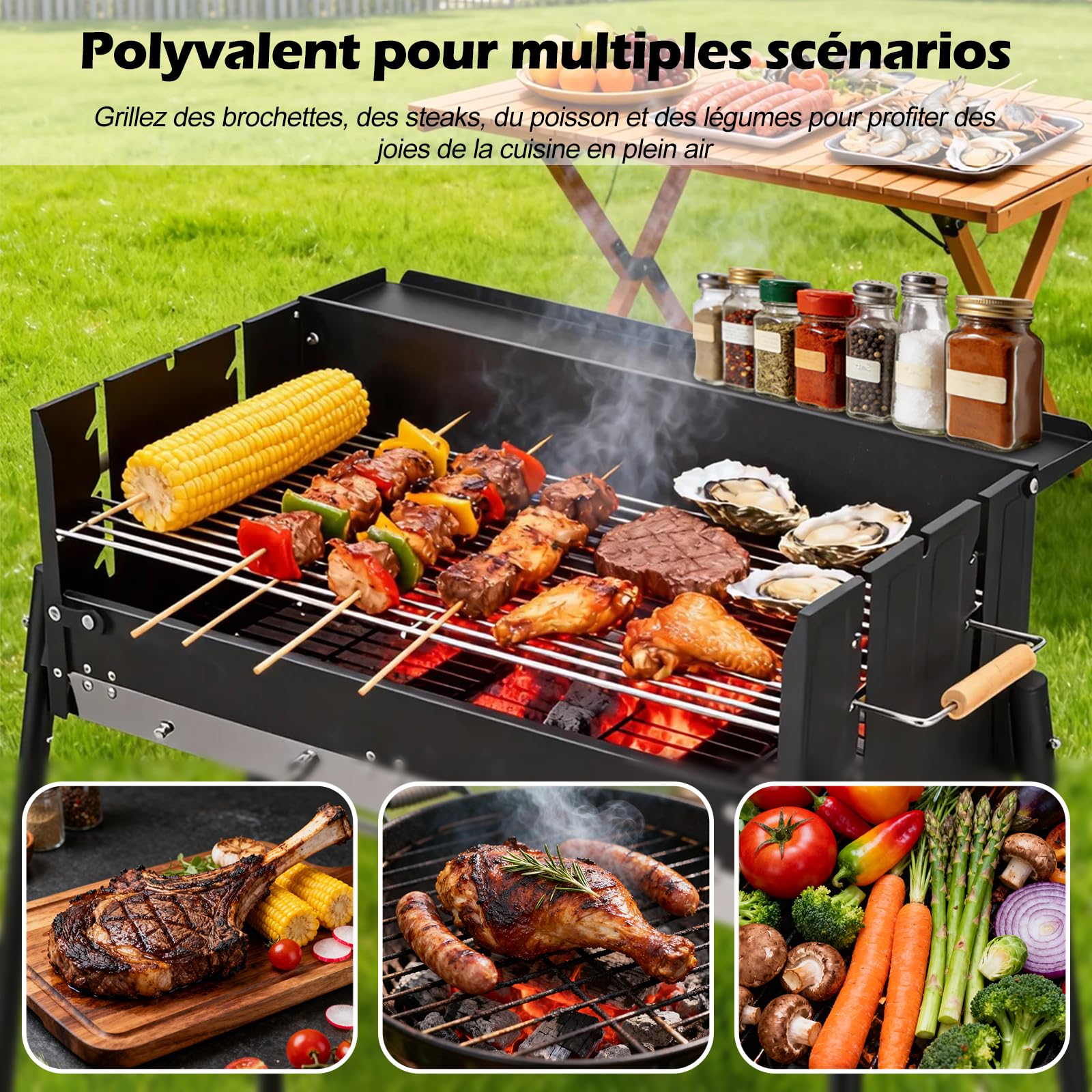 Ergocar Barbecue à Charbon Pliable Construction En Acier Inoxydable Épais Au Vent Contrôle De La Température à Trois Niveaux Et Plateau à Assaisonnement Intégré Idéal Pour Cinq Personnes Ou Plus