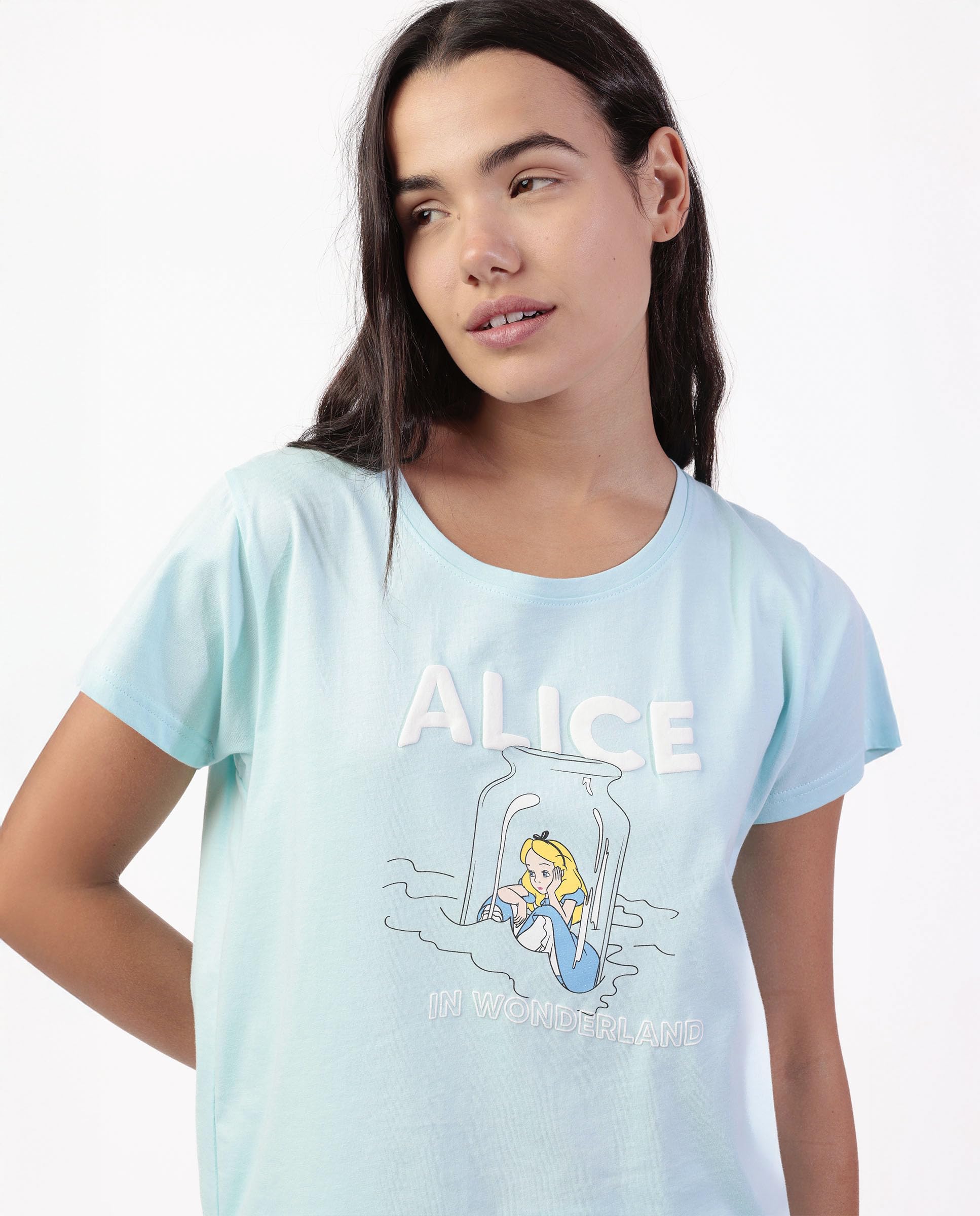 Disney Pigiama Donna Alice nel Paese delle Meraviglie in Cotone Estivo Completo Pigiama Corto Mezza Manica Pantaloncino Art. 64294 (IT, Testo, L, Regular, Regular, Azzurro)