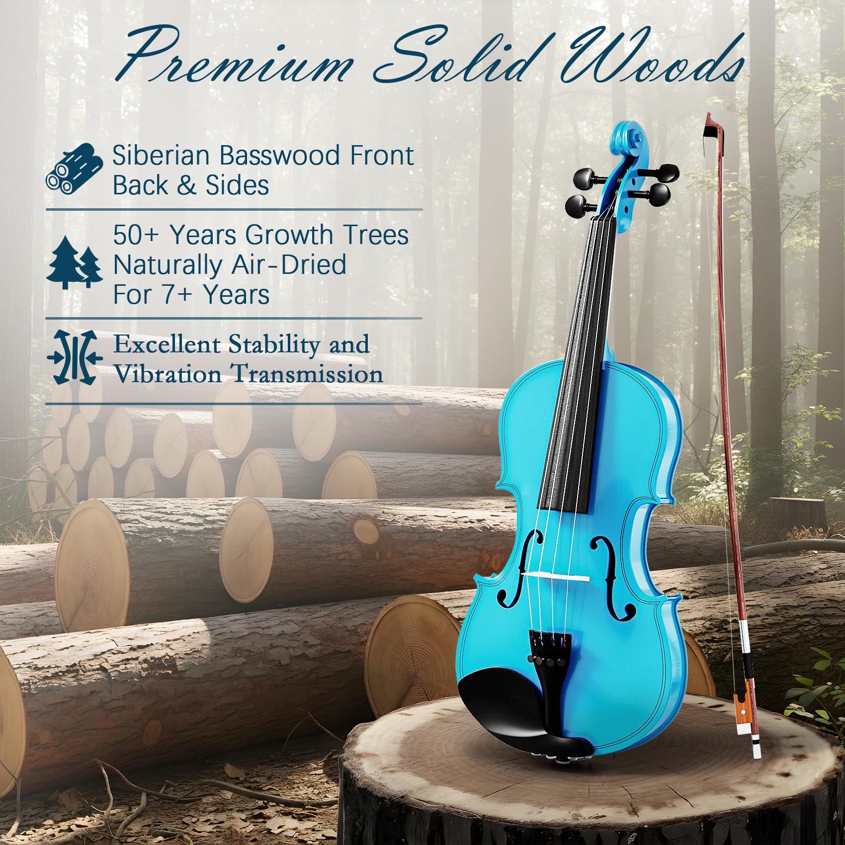 Kit violino 4/4 per principianti, violino full size per adulti, studenti, violino completo di dimensioni standard con custodia portatile, archetto, colofonia, finitura blu cielo