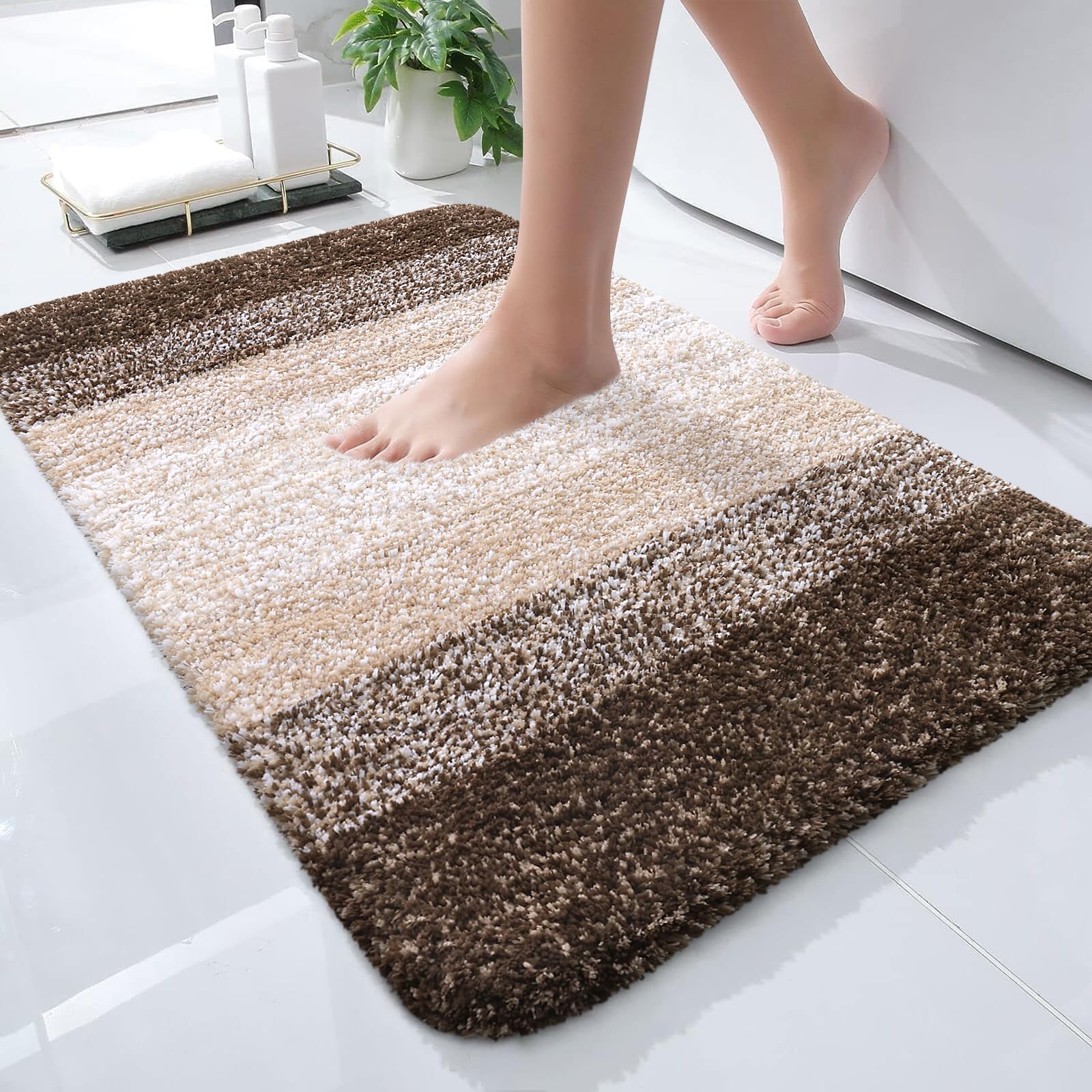 OLANLY Small Bathroom Rugs 24x16, Extra Soft Absorbent Microfiber Bath Rugs | Light Brown, Non-Slip Quick-Drying Rubber Backing, Washable Plush Bath Mat for Floor, Tub and Shower, Home Decor Accessories