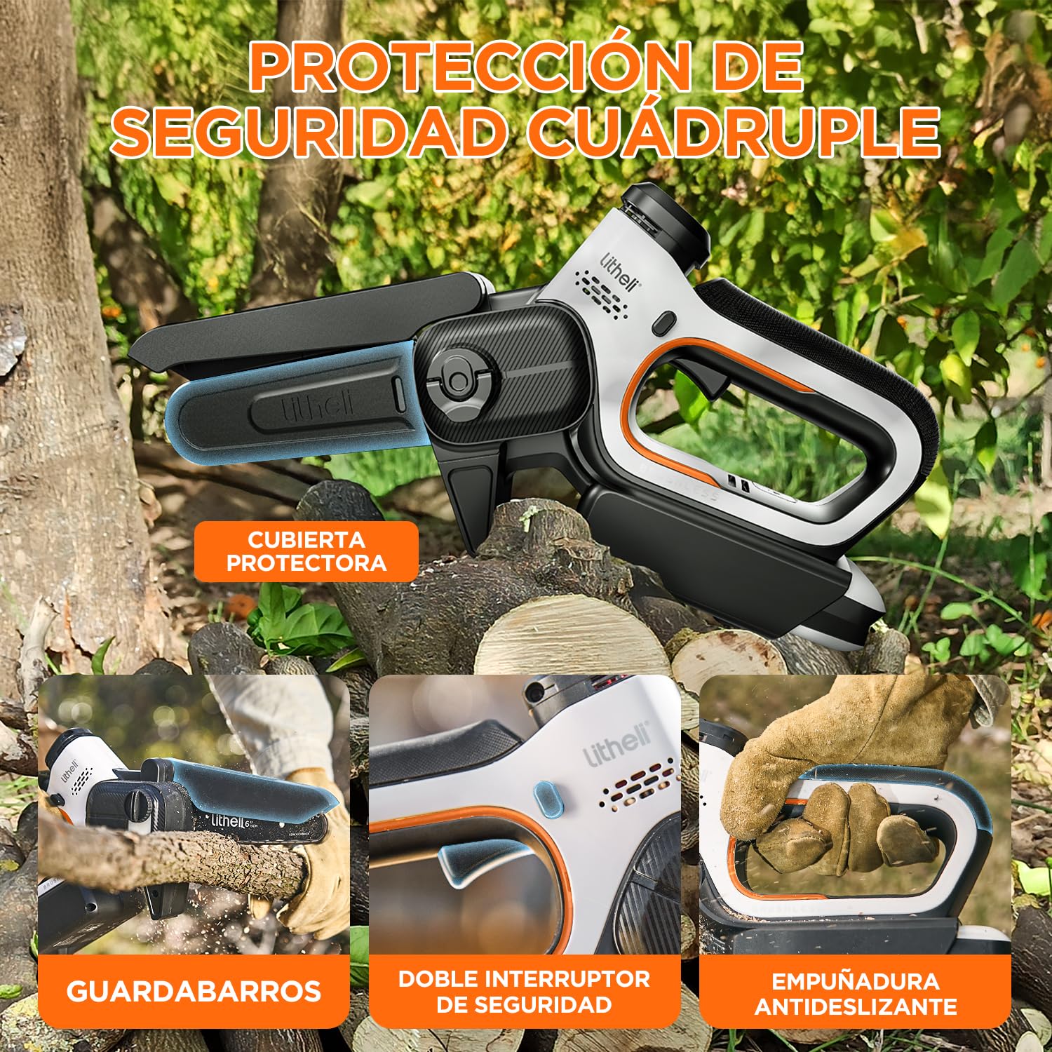 Litheli Mini Motosierra Batería para Poda, Motosierra Eléctrica Brushless de 15 cm con Lubricación Automática, Motosierra de Mano con Diseño de Seguridad para Corte de Madera y Jardín (Sin Batería)