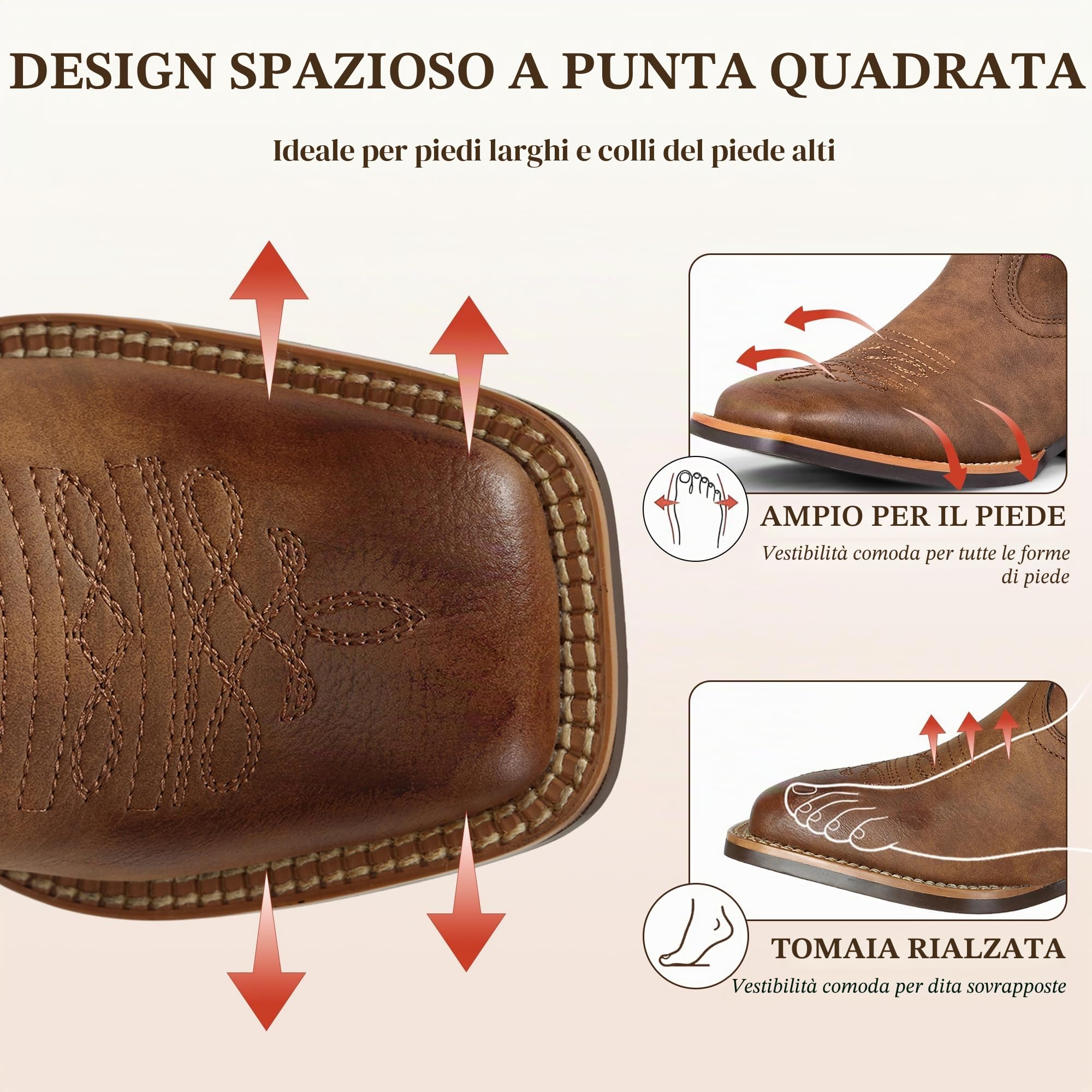 J's.o.l.e Stivali da cowboy da donna, stile western, metà largo, punta quadrata, stivali da cowgirl, per equitazione, scarpe ricamate, Marrone, 38 EU