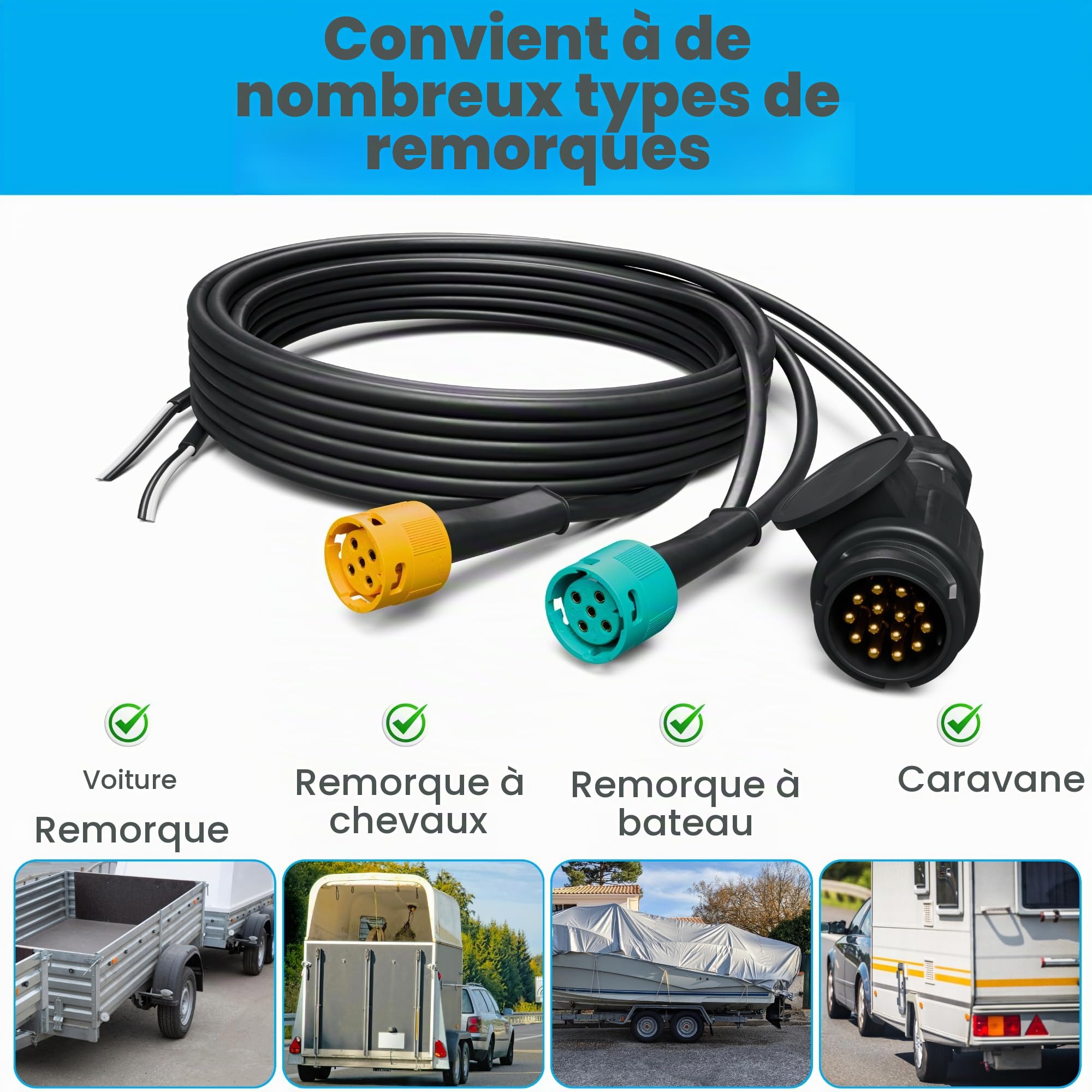 Jeu de câbles pour remorque 5 m 13 broches + 2 câbles de sortie CC pour éclairage de remorque feux arrière Faisceau de câbles avec connecteur à baïonnette