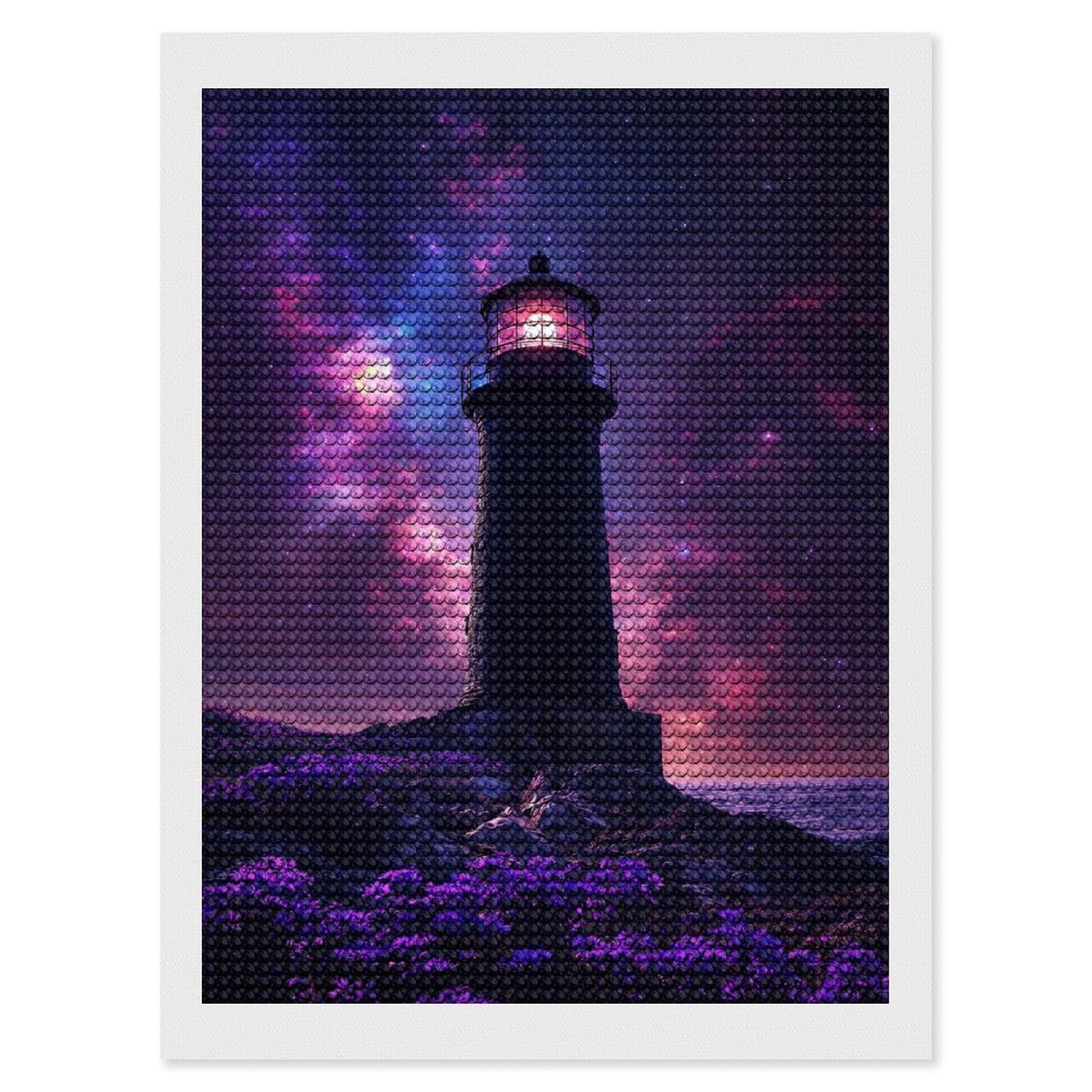 Junmoney Lighthouse Under A Cosmic Sky Diamond Painting Kit 12"x16", Adhesive Canvas, Home Wall Decor, for Beginners, Birthday Gift, Full Kit Included