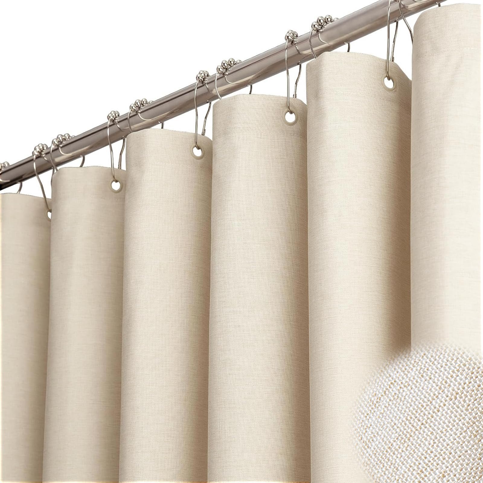 BTTN Long Linen Textured Waterproof Shower Curtain Set, 72x84, Beige/Cream