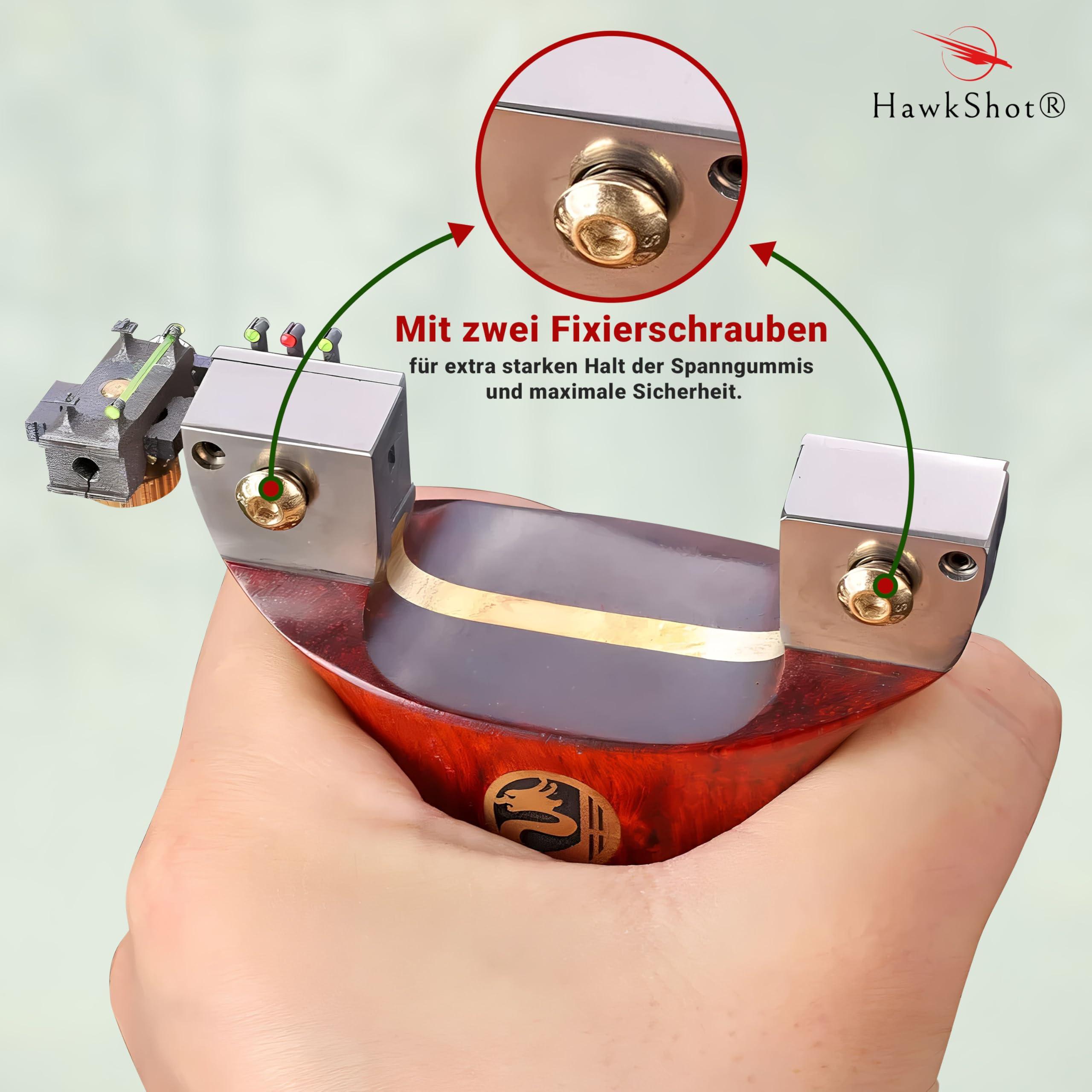 HawkShot® Profi Stahl Steinschleuder Hammerhead mit verstärktem Massivholzgriff/Zwille