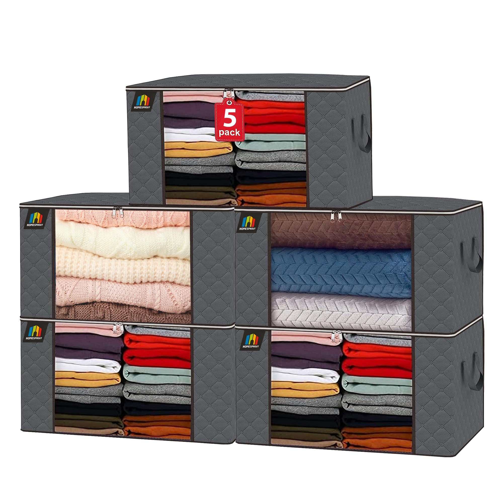 Large Capacity 3 PCs 90L Clothes Storage Bins Foldable Closet Organizer Storage Containers with Durable Handles Thick Fabric for Comforters, Blankets, Bedding, Foldable with Zipper (Simple Grey)