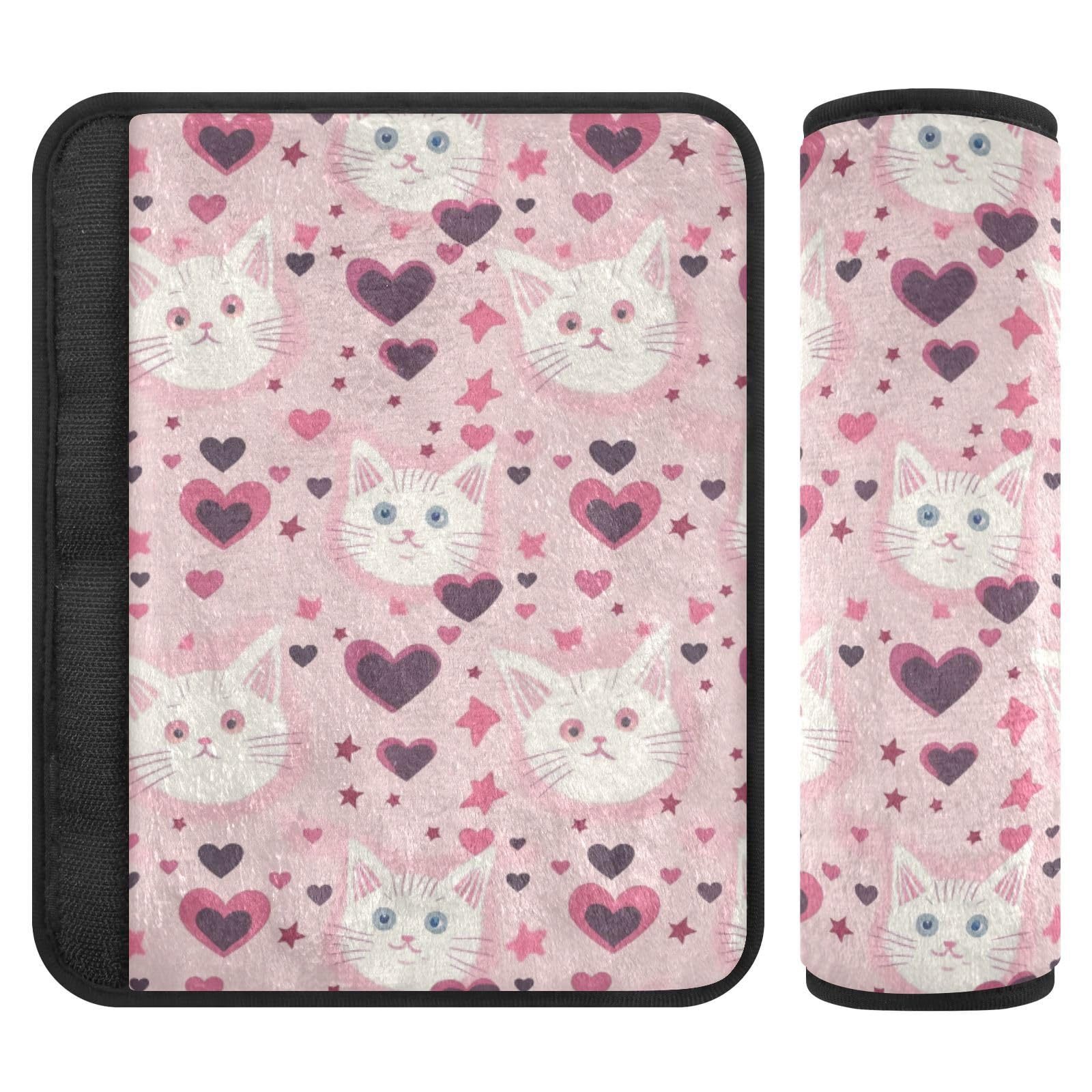 Seat Belt Covers 2 Pack Cute Cat Head Car Seat Strap Covers Super Soft Hearts Stars Car Seat Neck Cover for Boys Girls Adults Babies M