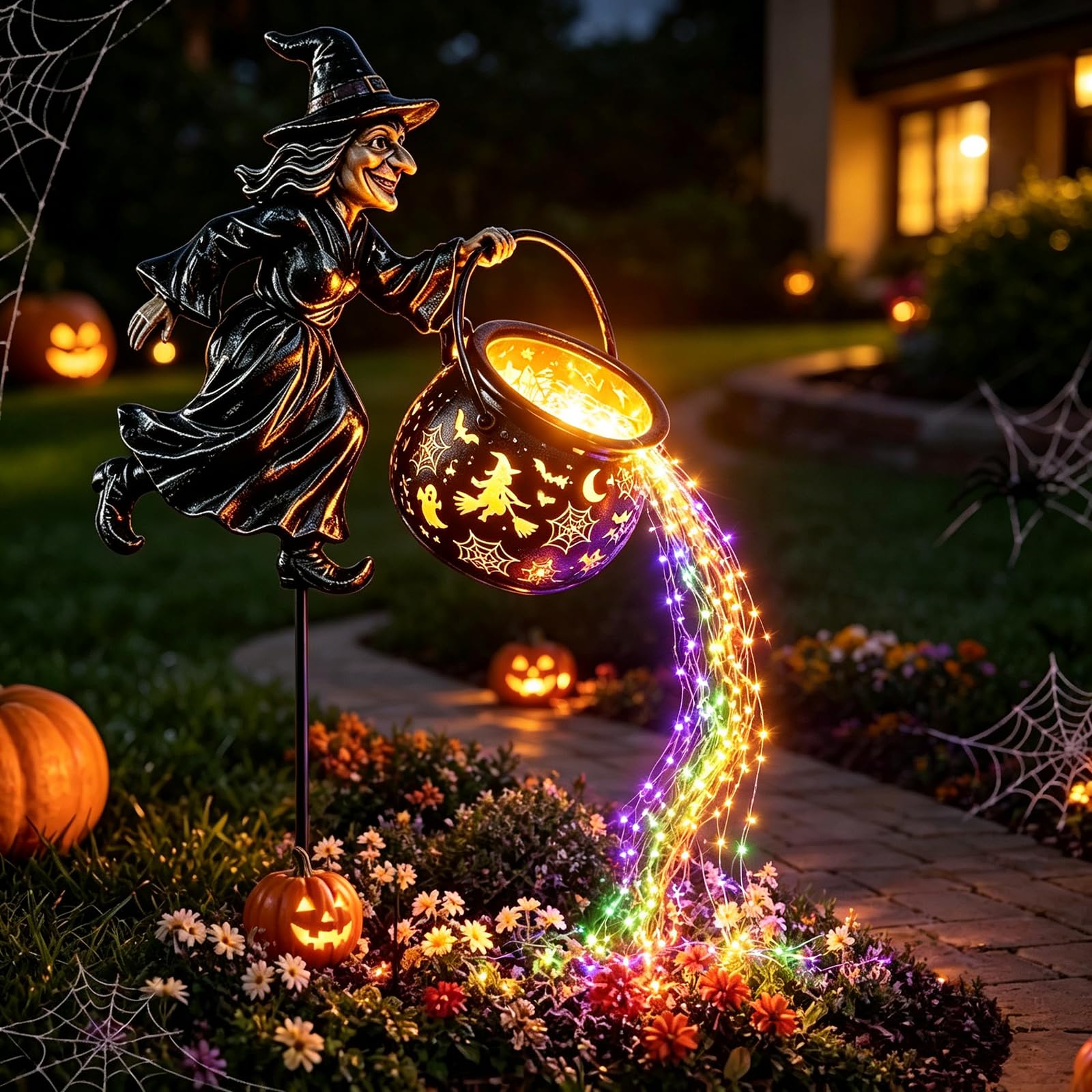 Halloween Witch Cauldron Garden Light, Halloween Witch Lamp, Colorful Waterfall-Style Light Flow Flying Witch Garden Stake, LED Projector Lights for Yard Lawn Patio, Outdoor LED Projector Lights